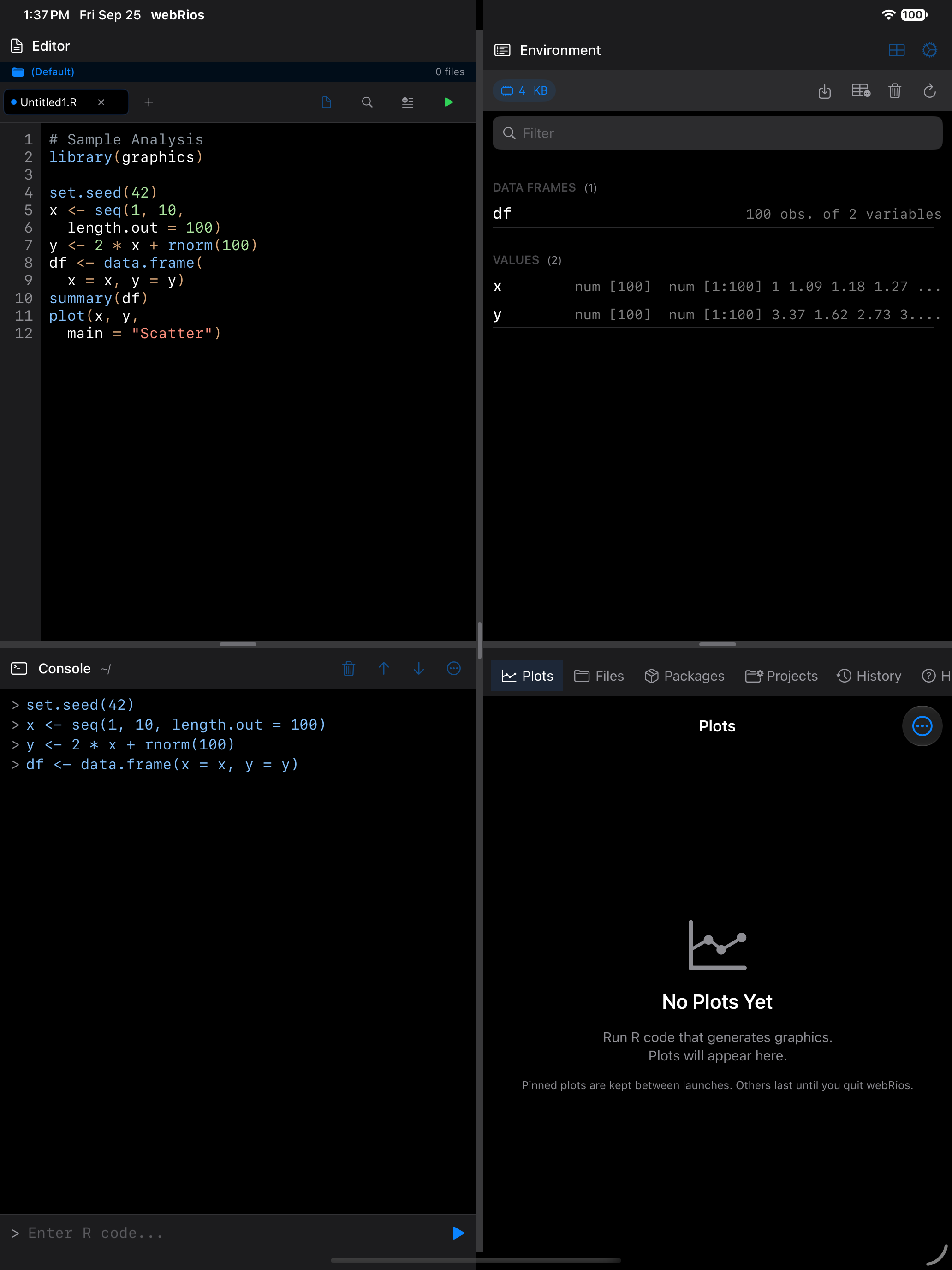 The Plots gallery before anything has been drawn on iPad