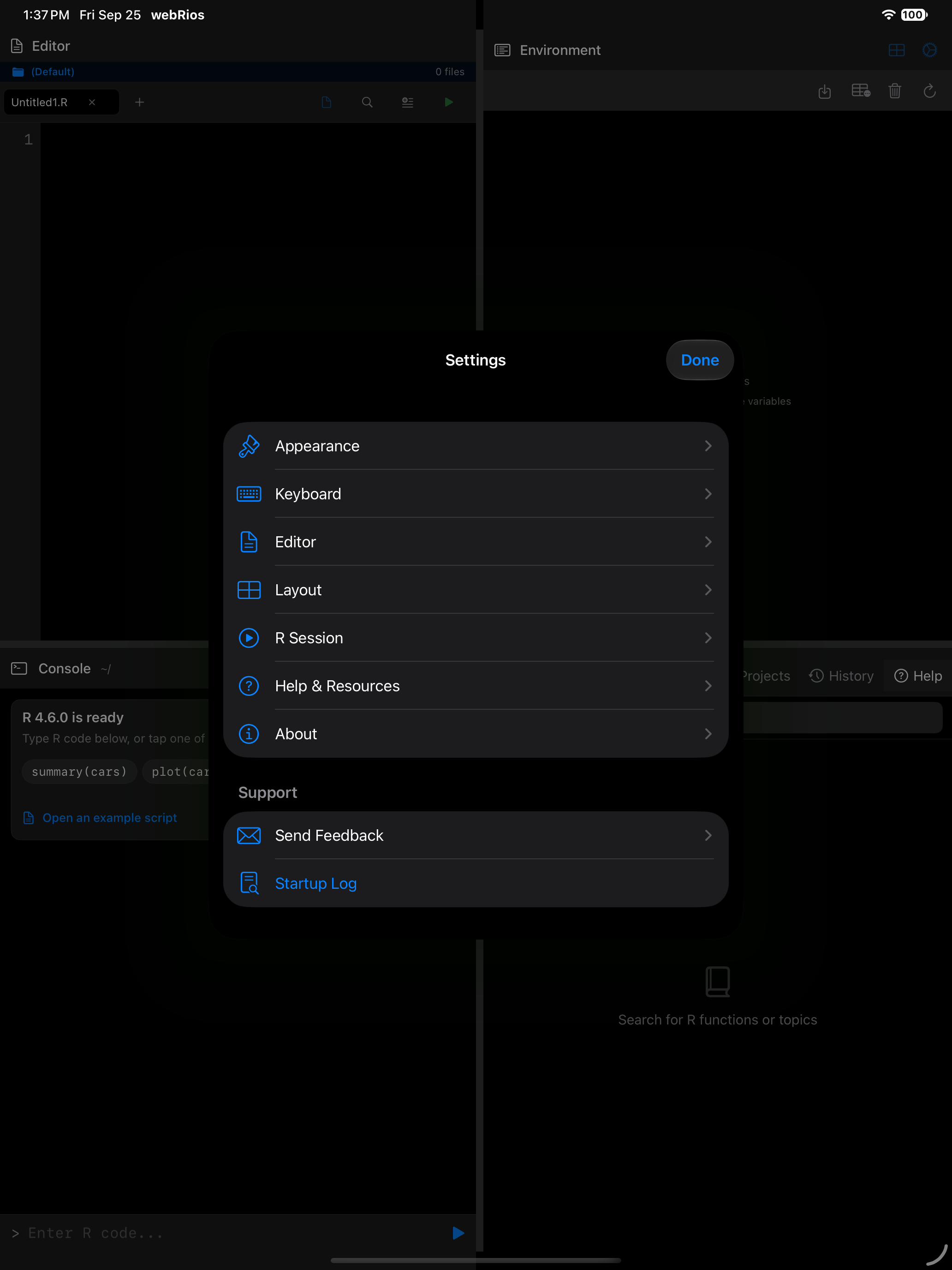 The Settings index on iPad