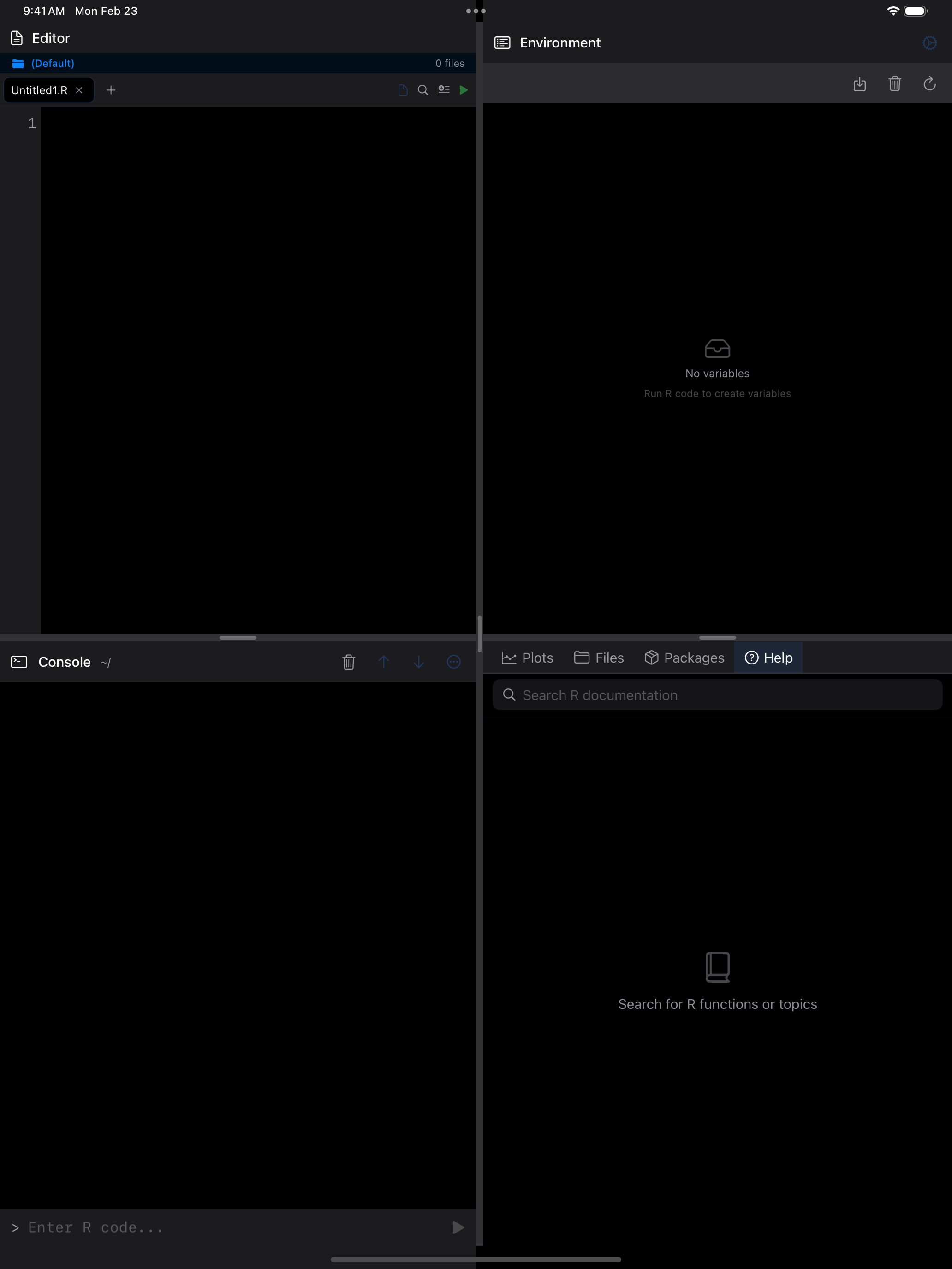 Help tab on iPad in dark mode showing the search bar