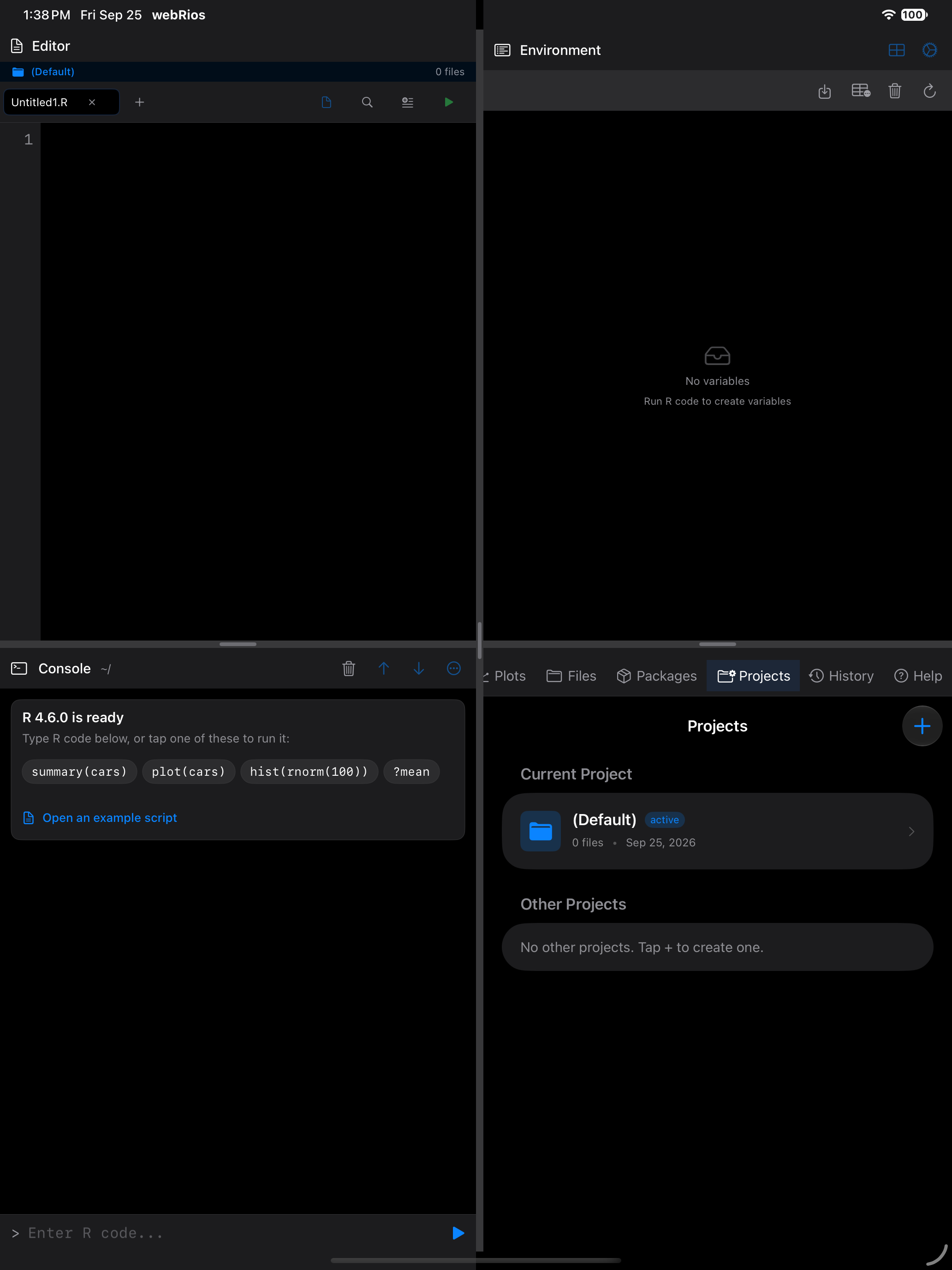 The Projects tab with no project open on iPad