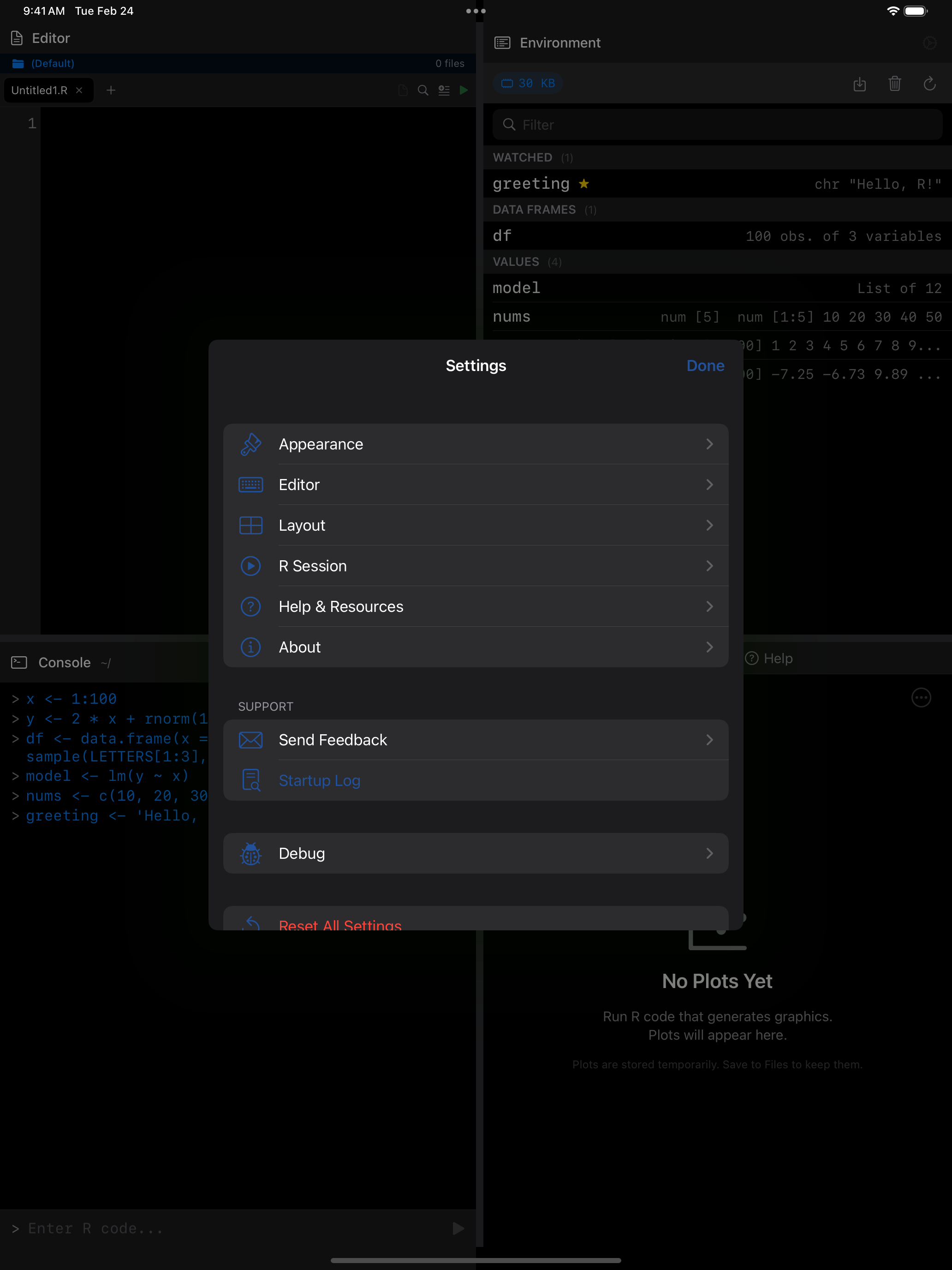 iPad 4-Pane Workspace with Settings sheet opened from gear button in dark mode