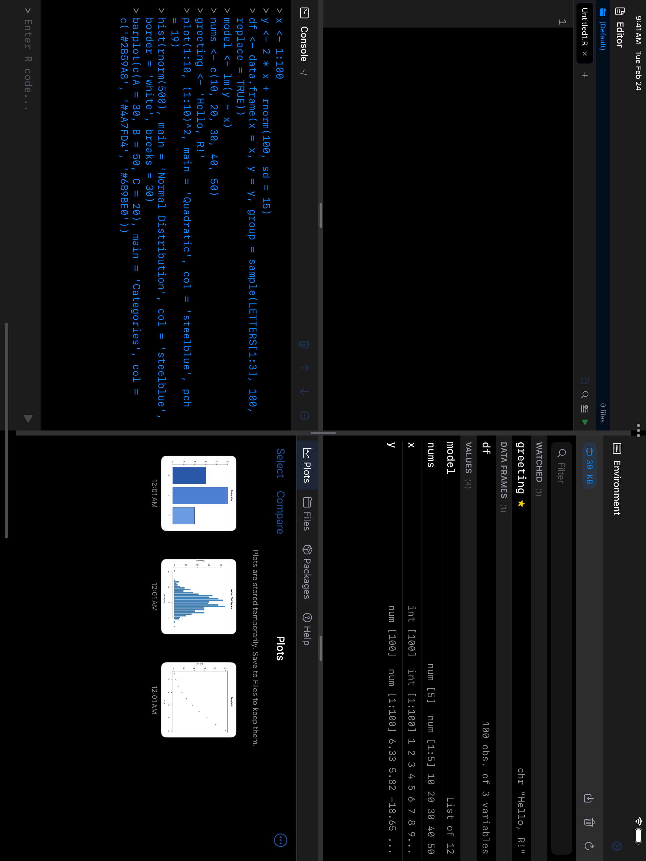 iPad 4-Pane Workspace in landscape, dark mode