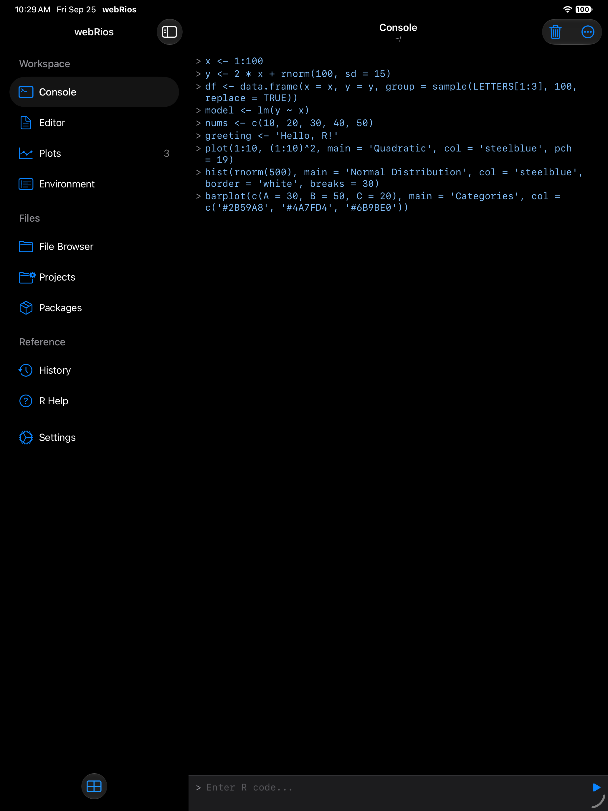 Sidebar Navigation with the sidebar open on iPad in dark mode