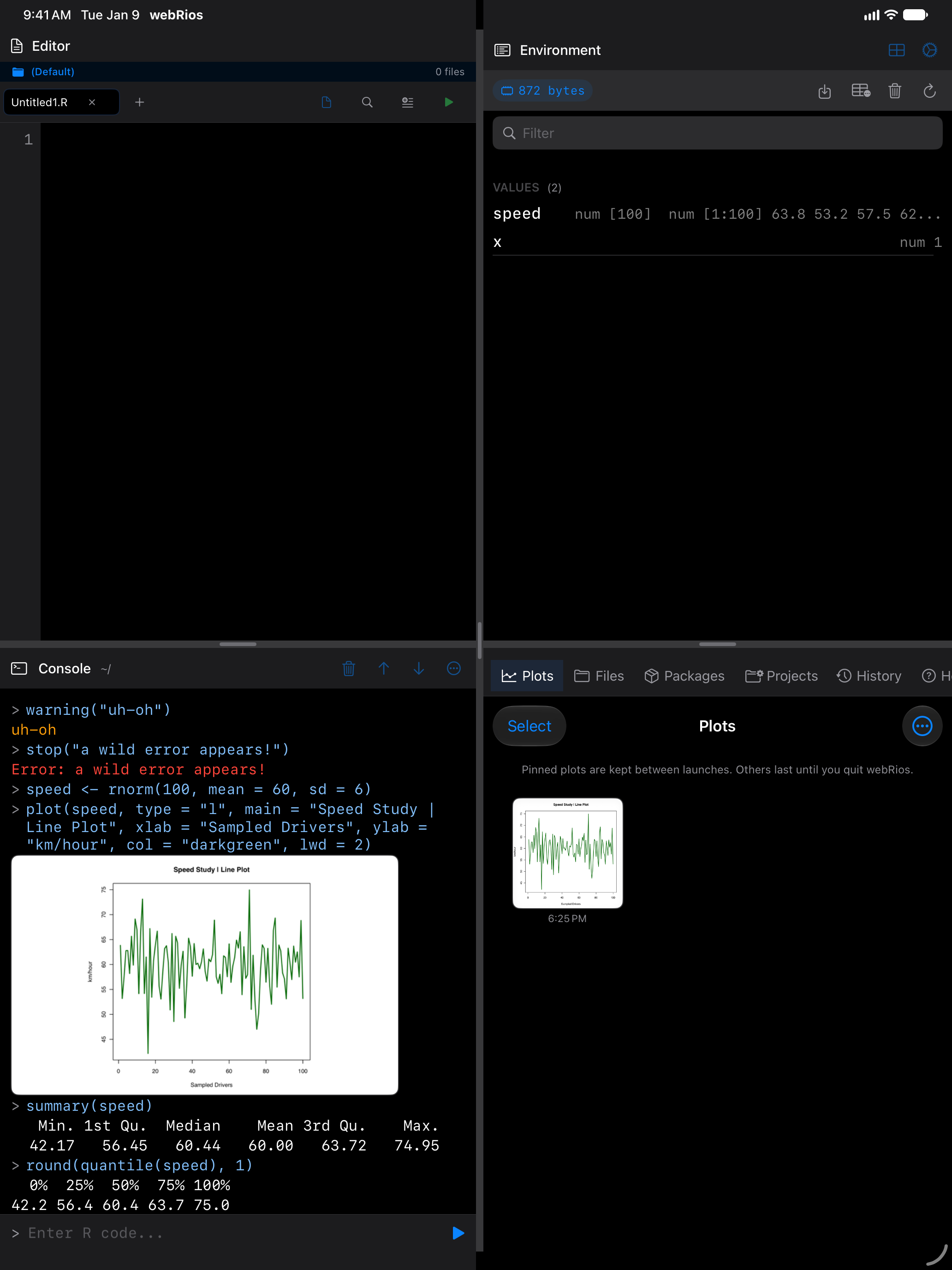 Console with R output on iPad