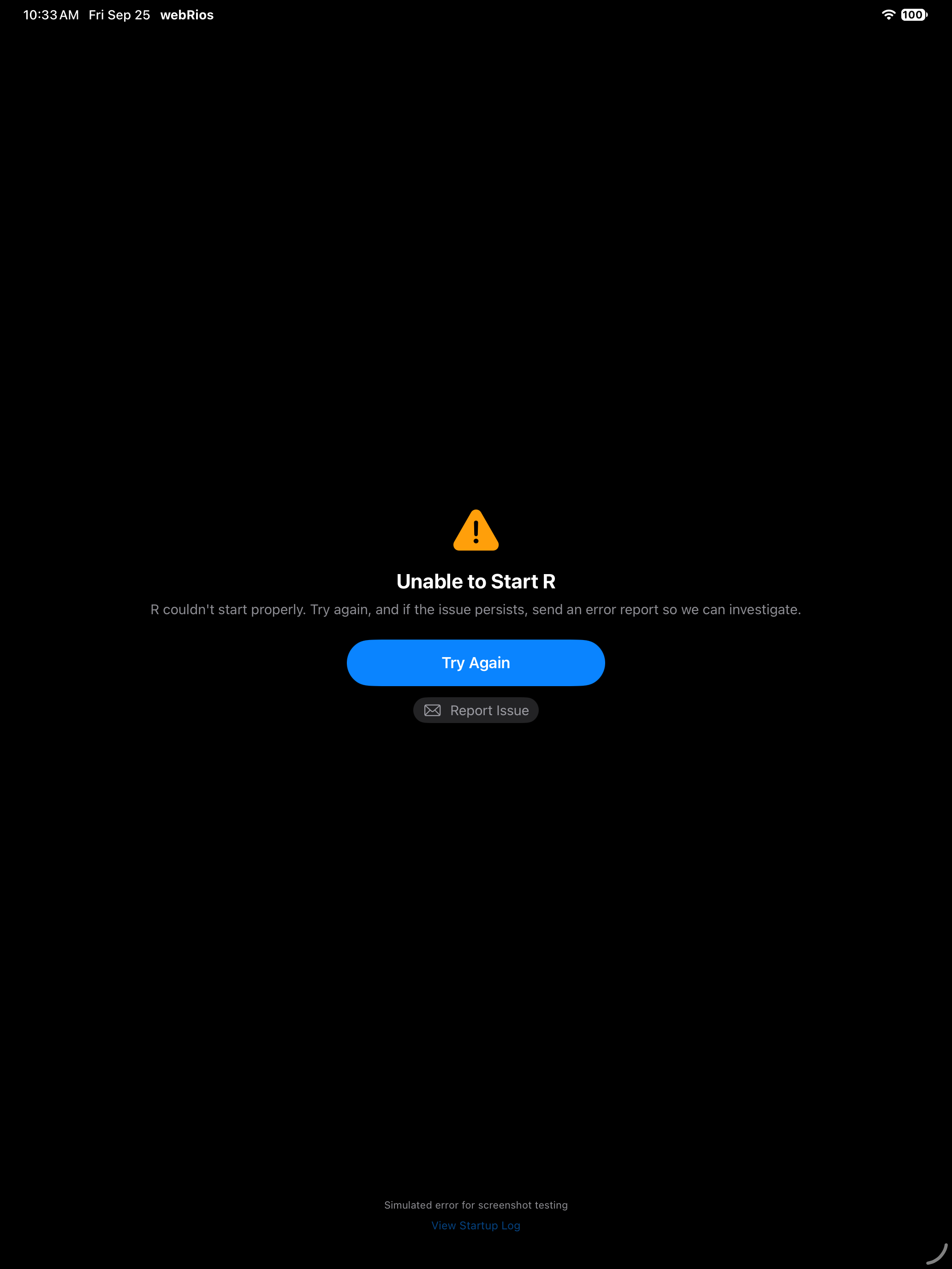 Console showing an R error message in red on iPad in dark mode