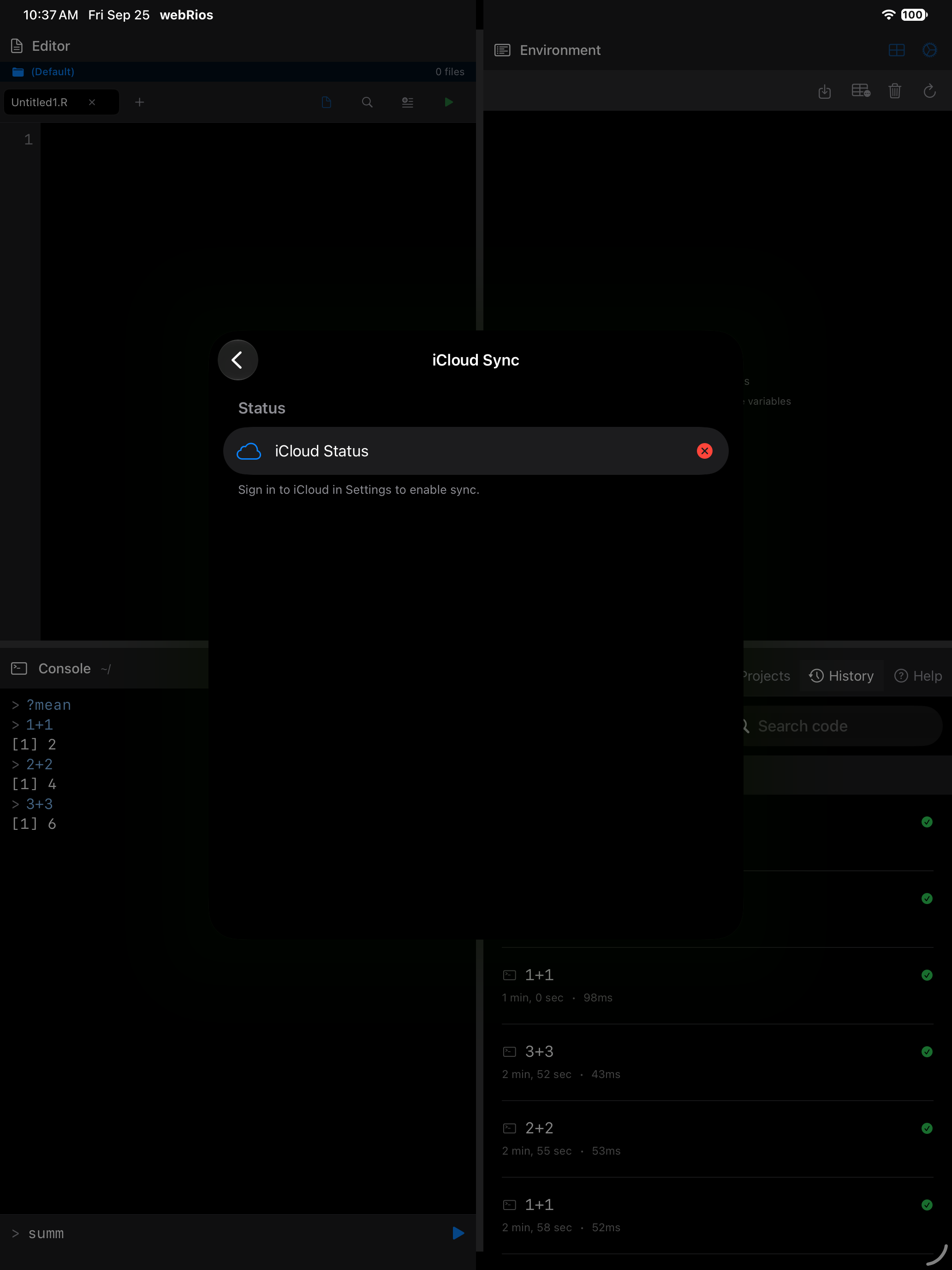 iCloud Sync settings showing status and sync actions on iPad in dark mode