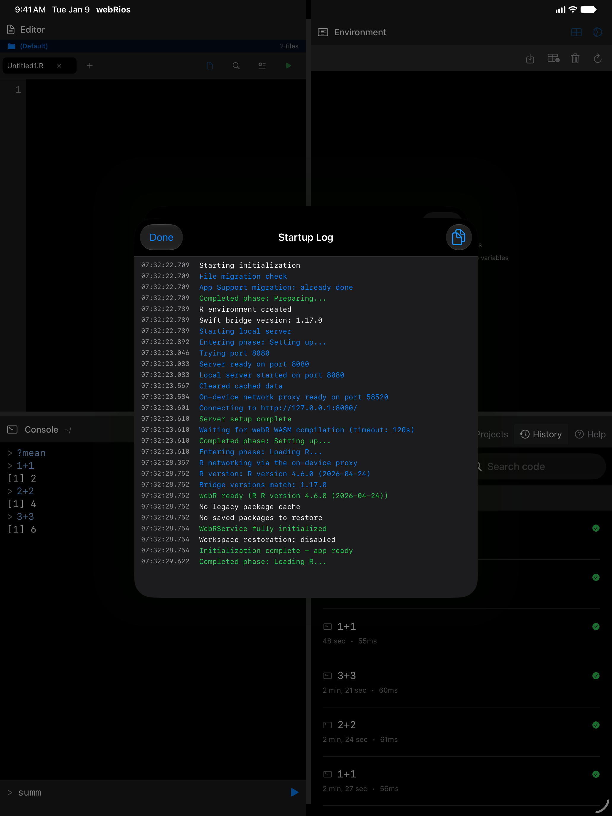 Startup log showing initialisation stages on iPad in dark mode