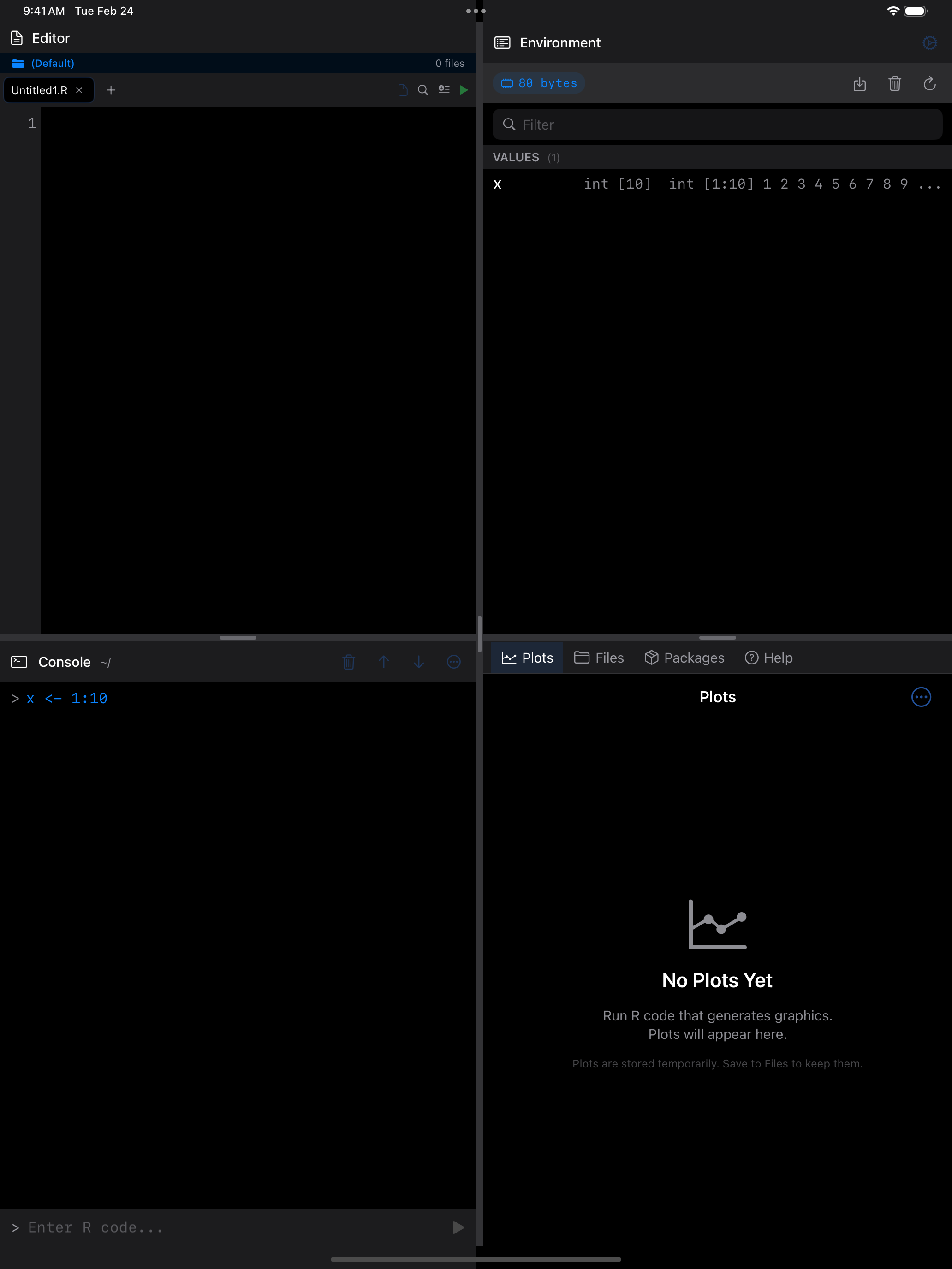 Console after running x <- 1:10 on iPad