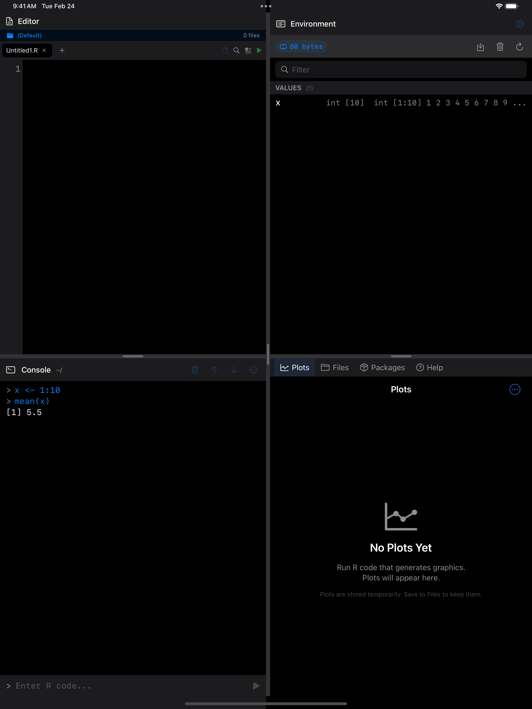 Console after running mean(x) on iPad