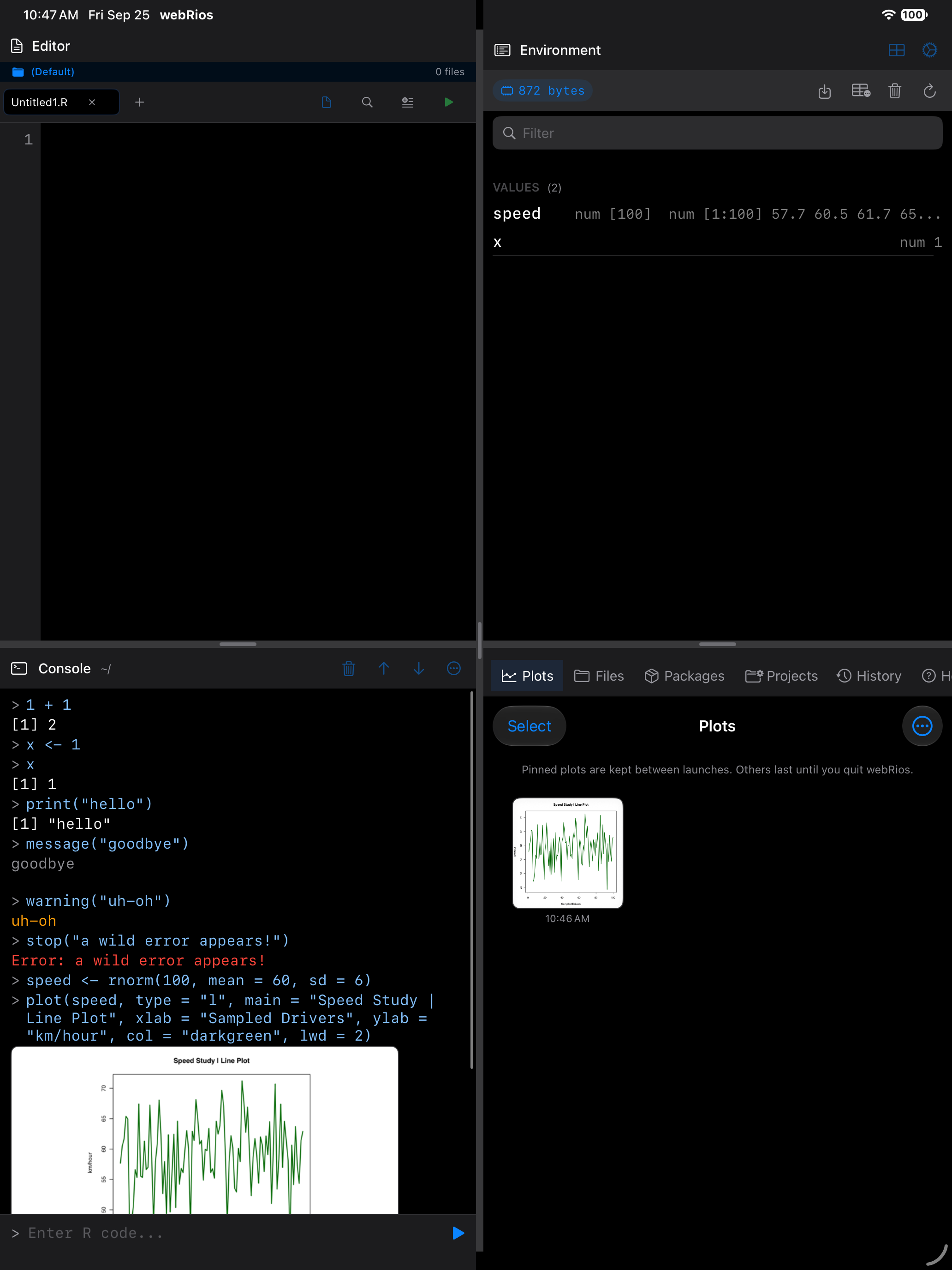 The Editor tab active, with a script open on iPad
