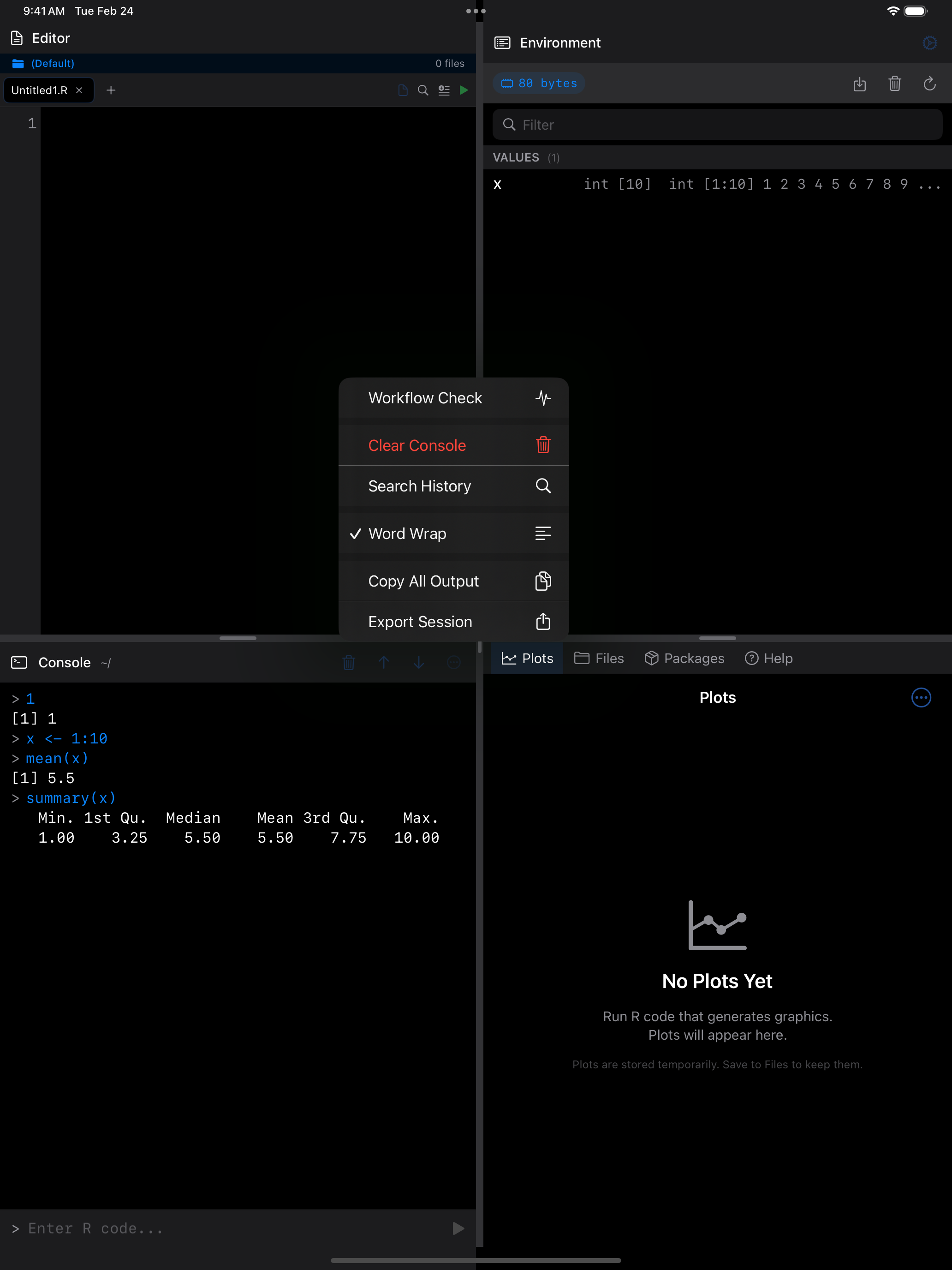 Console menu showing Clear Console on iPad