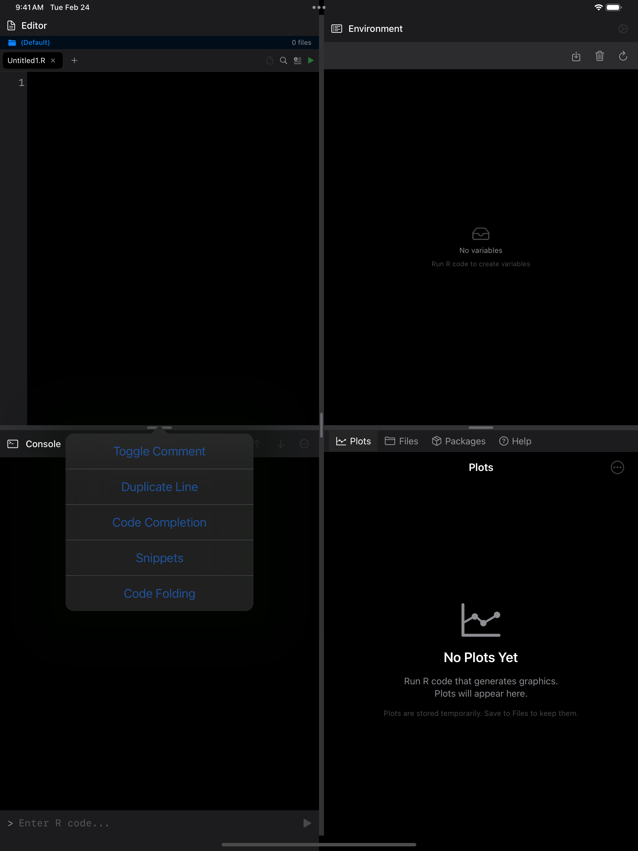 Editor actions menu showing Snippets on iPad