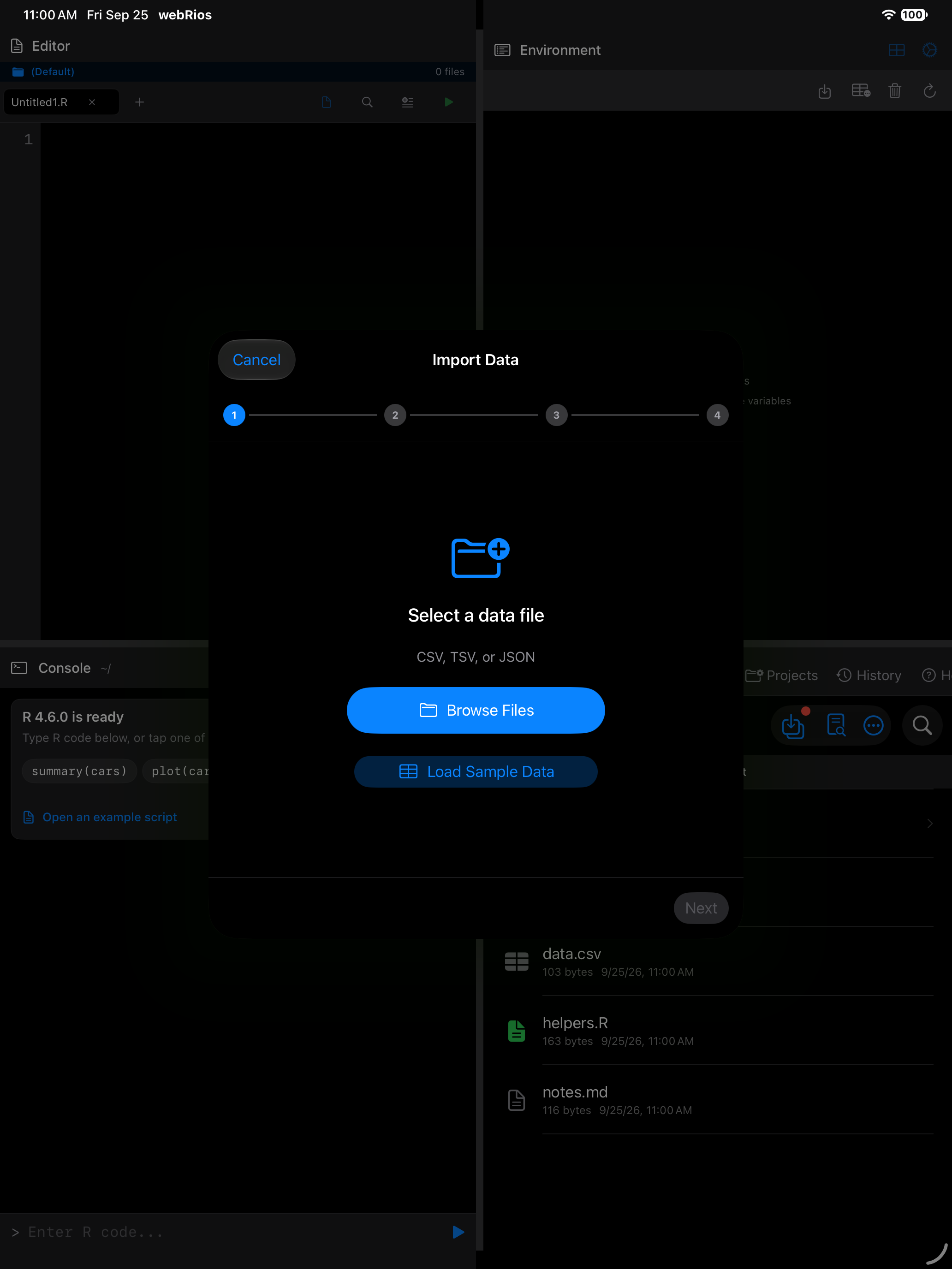 Data Import Wizard step 1 with Browse Files and Load Sample Data on iPad in dark mode