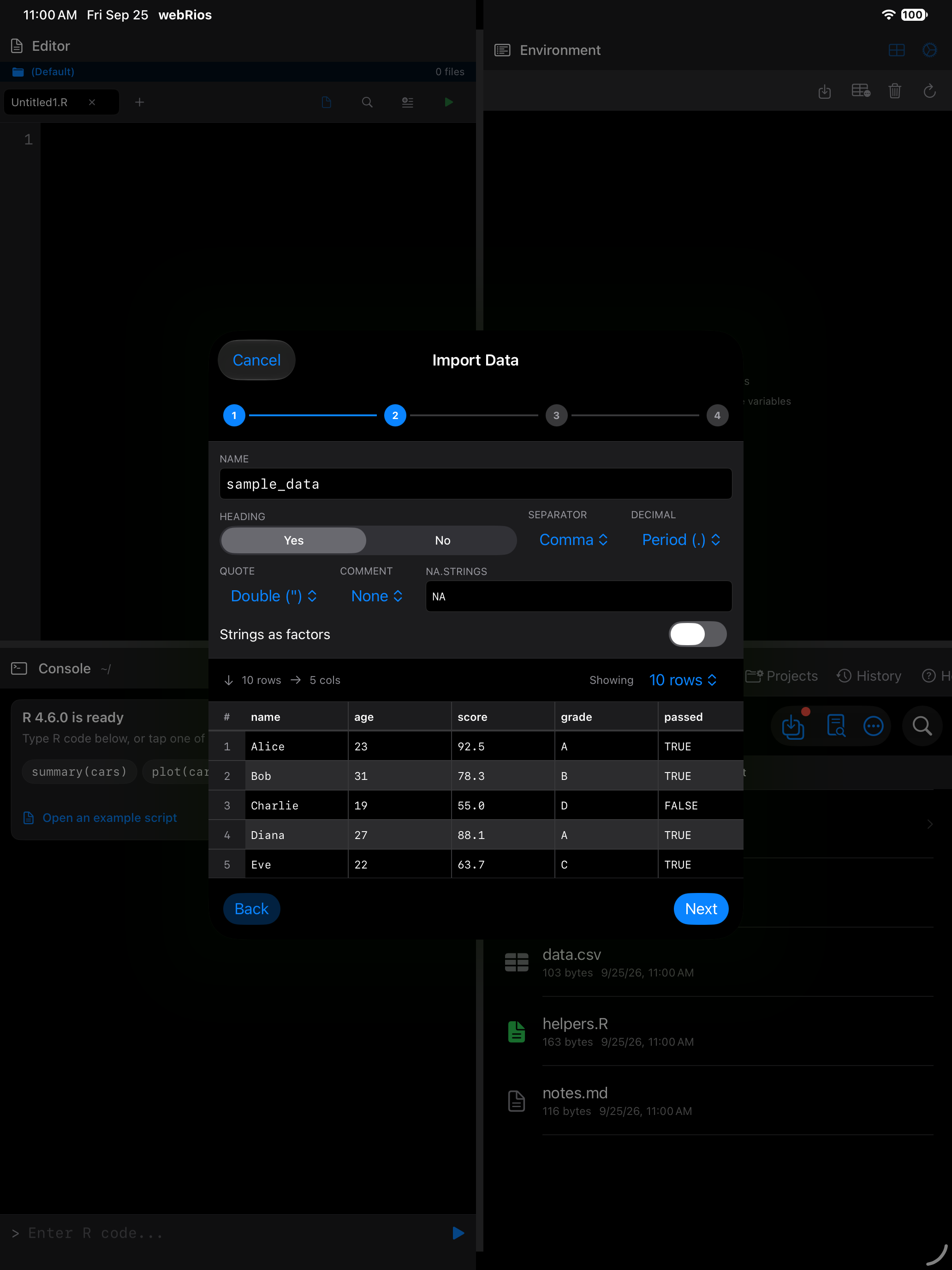 Wizard parsing options with live data preview on iPad in dark mode