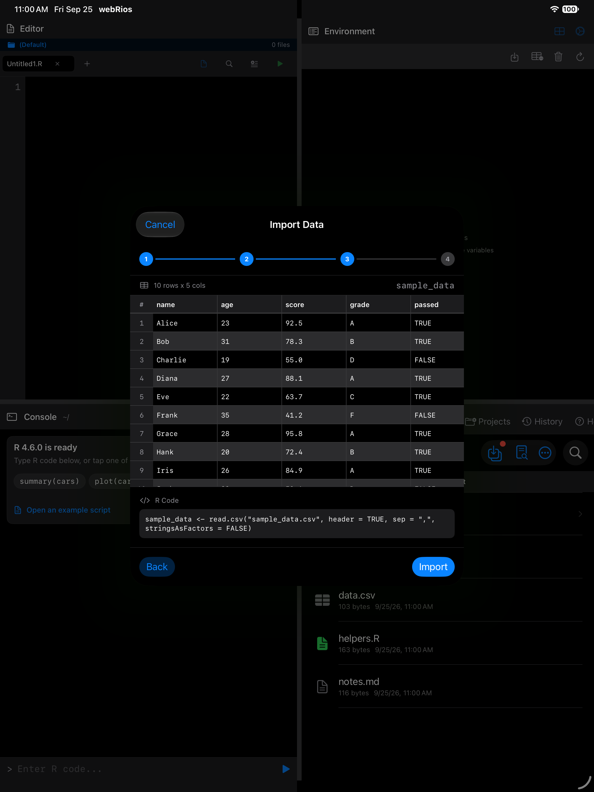 Wizard review step showing the generated read.csv call on iPad in dark mode