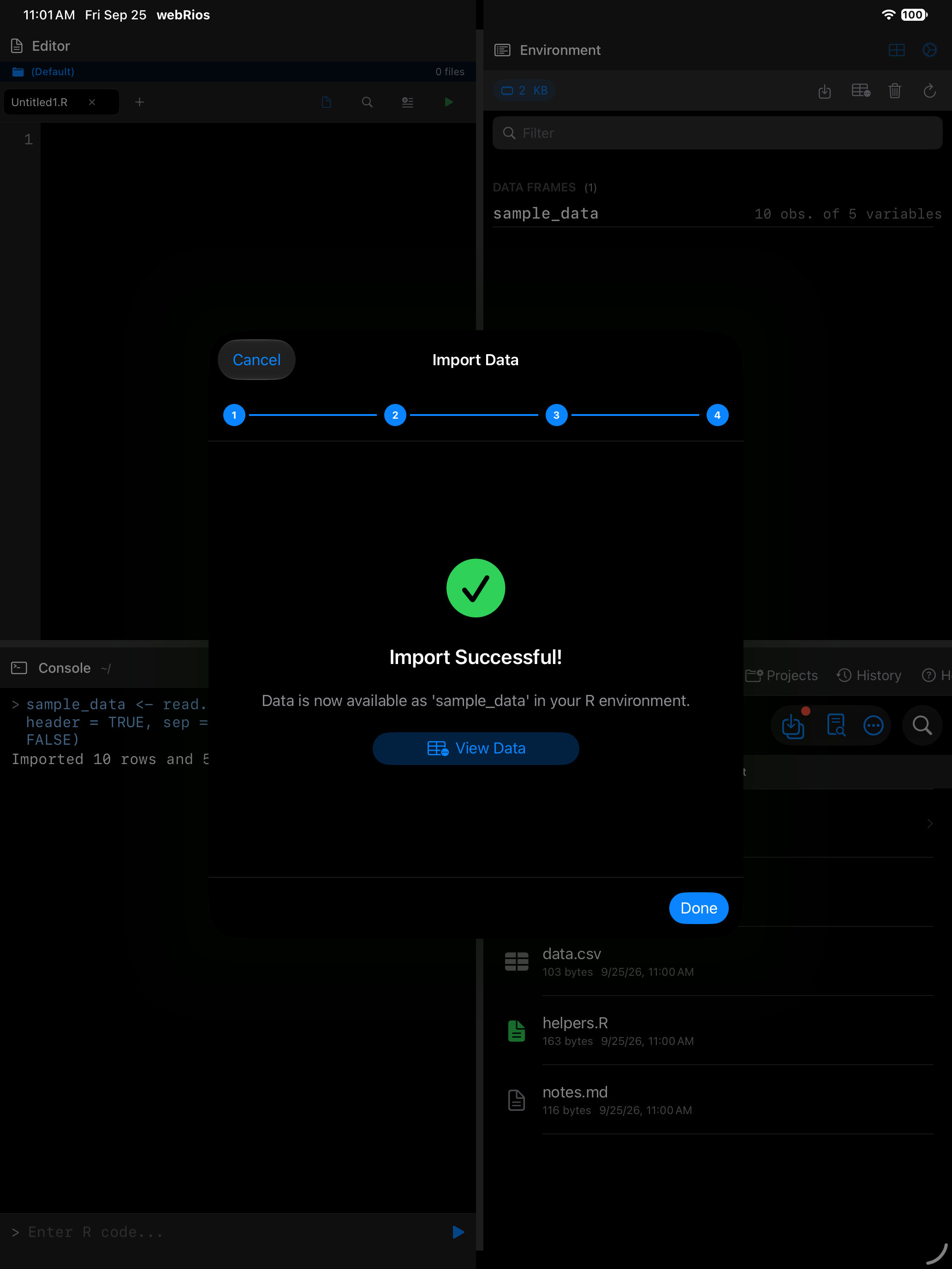 Wizard import success with the View Data button on iPad in dark mode