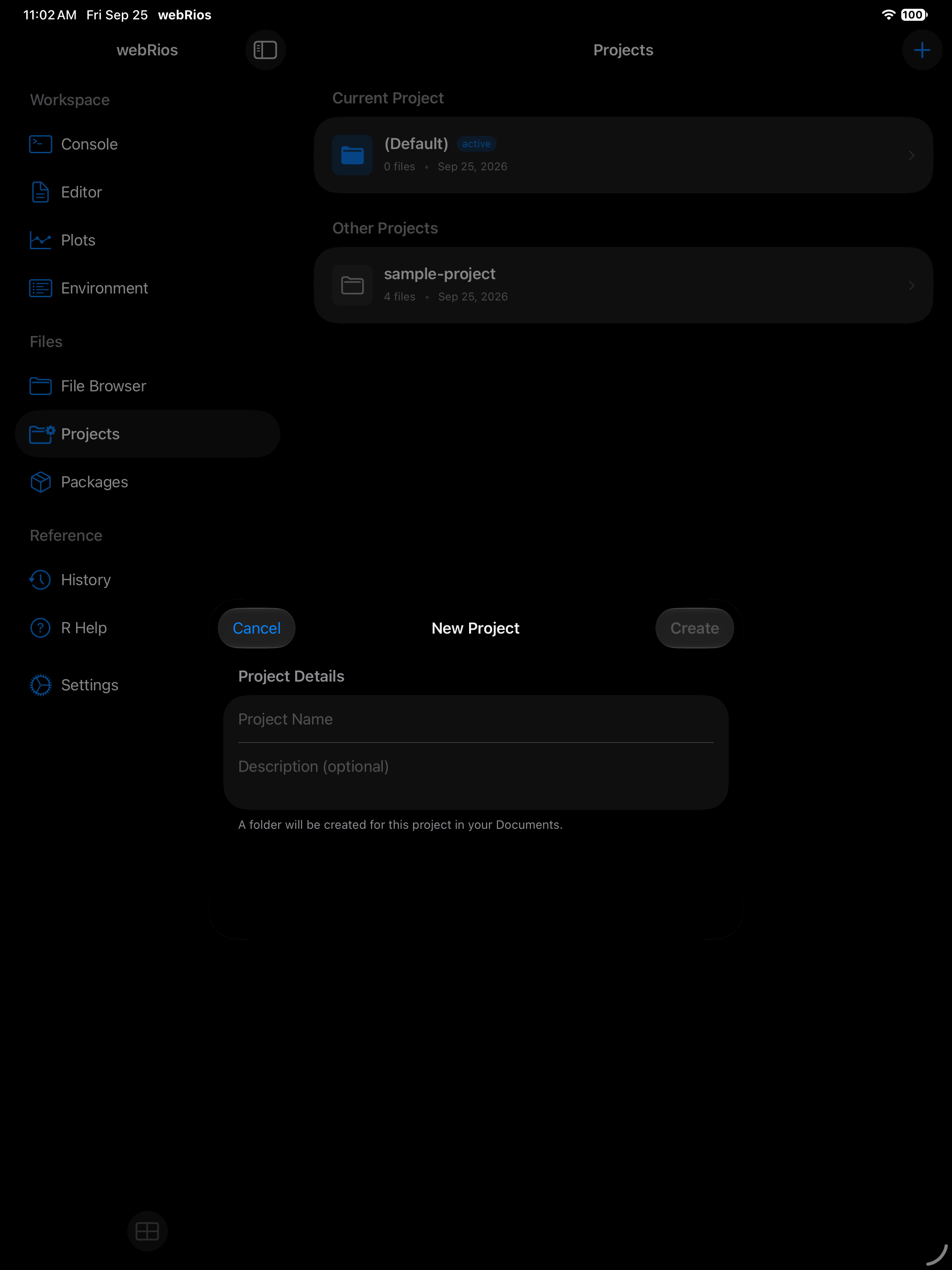 New Project sheet with name and description fields on iPad in dark mode