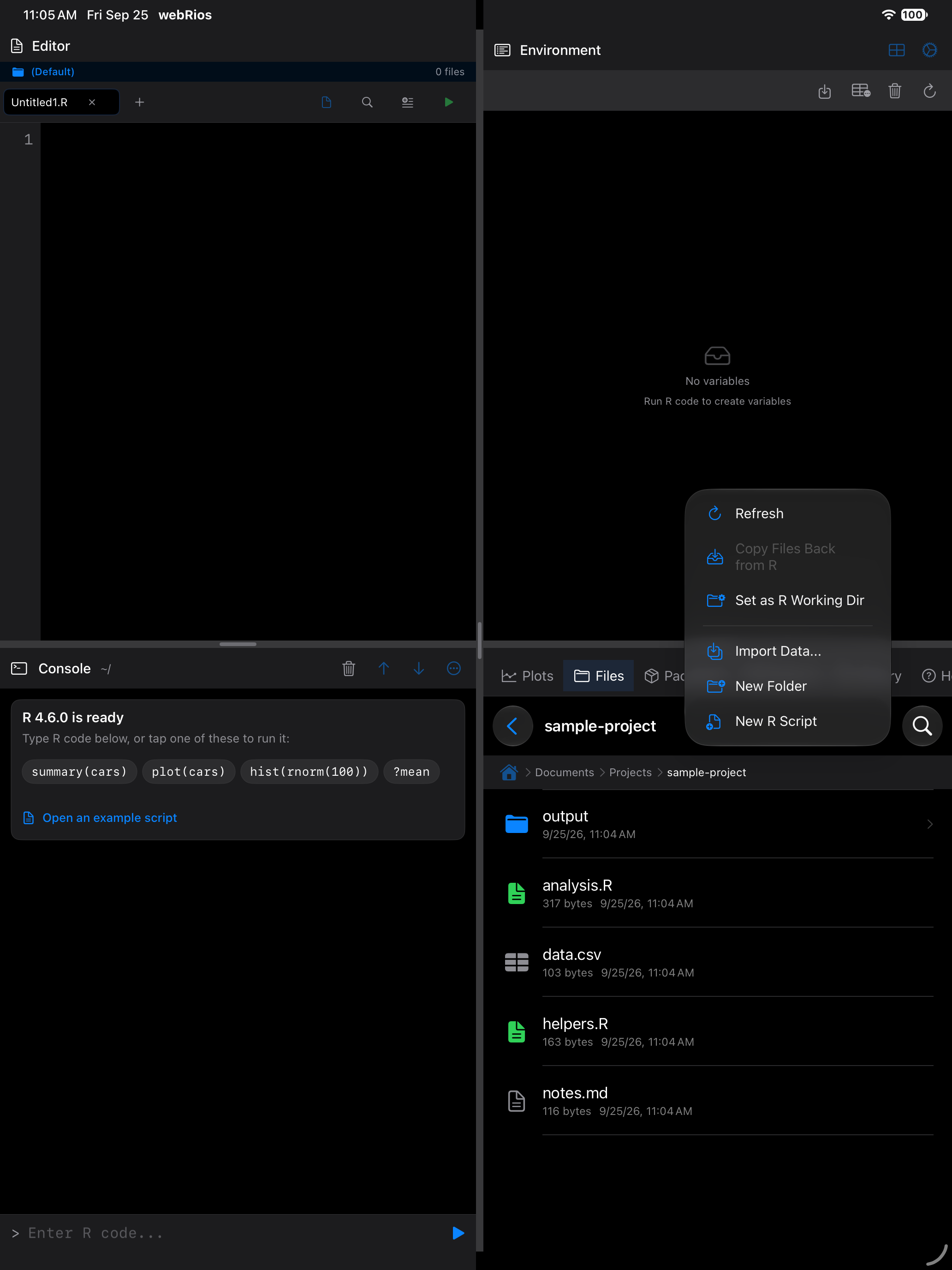 Files overflow menu showing Set as R Working Dir on iPad in dark mode