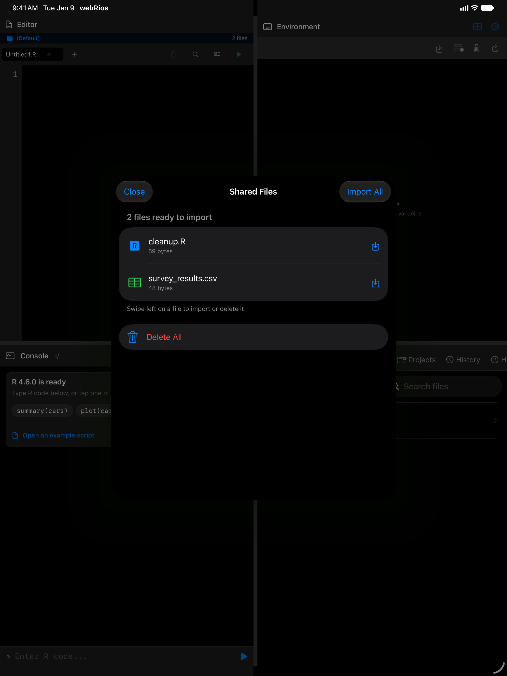 Shared files sheet listing files awaiting import on iPad in dark mode