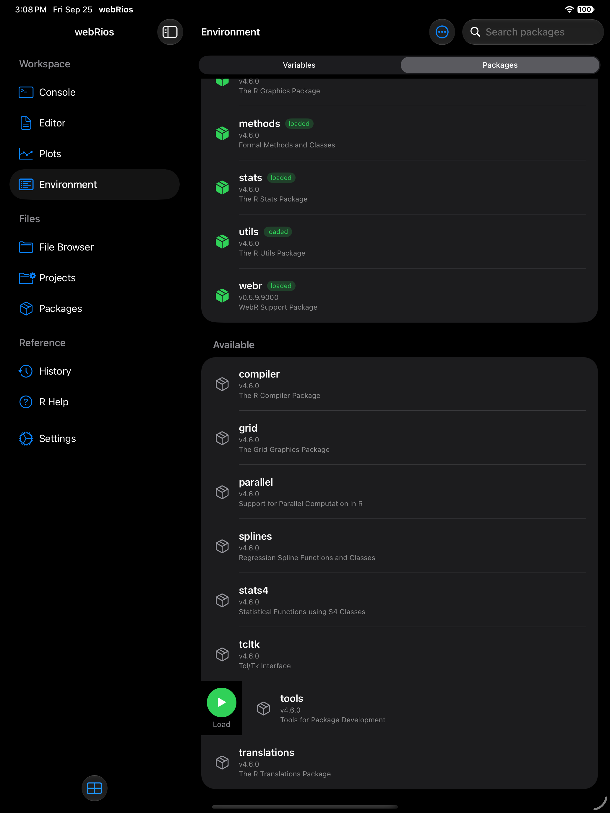Package row swiped right revealing the green Load button on iPad in dark mode