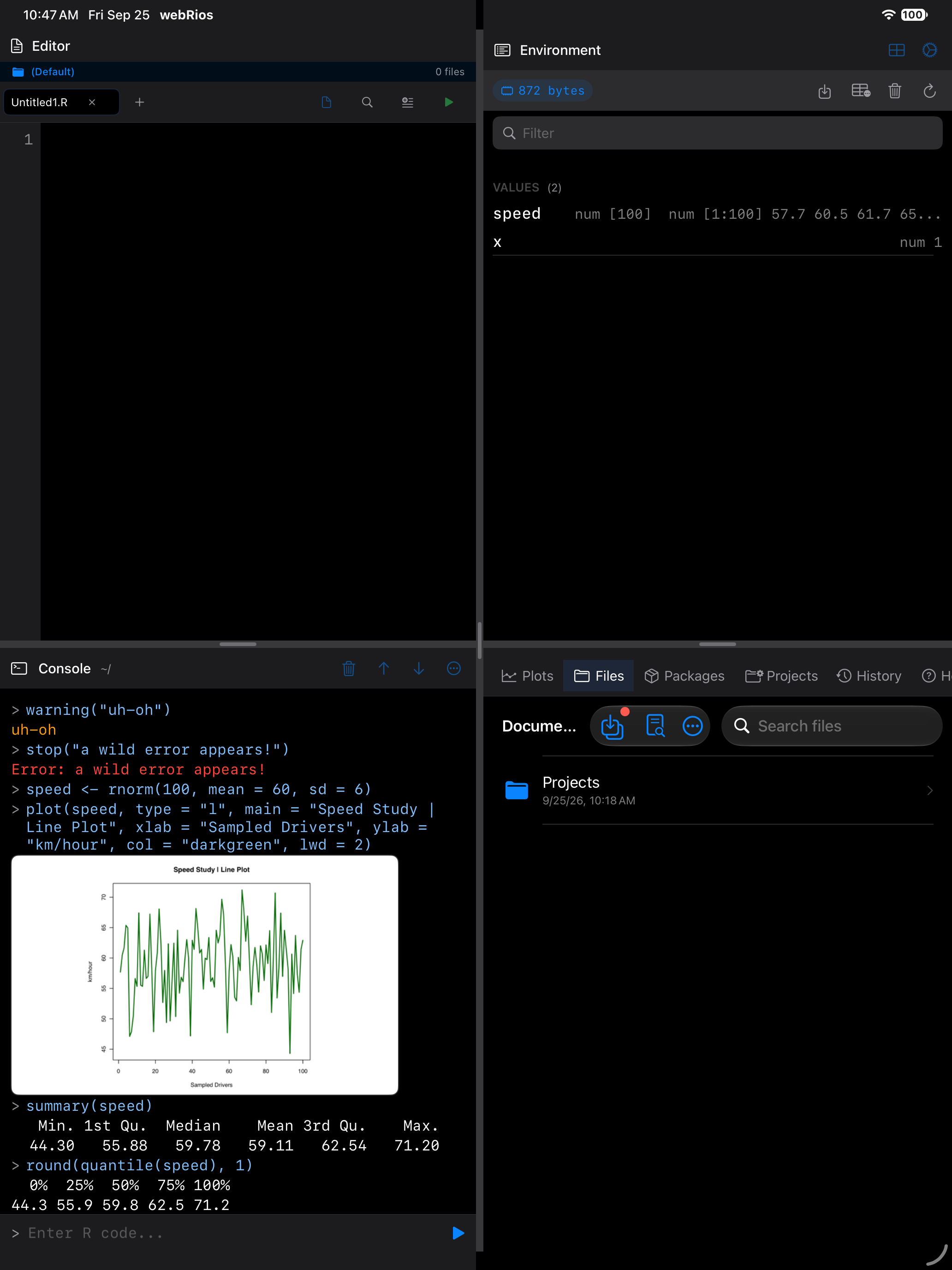 The Files tab active, showing saved scripts on iPad