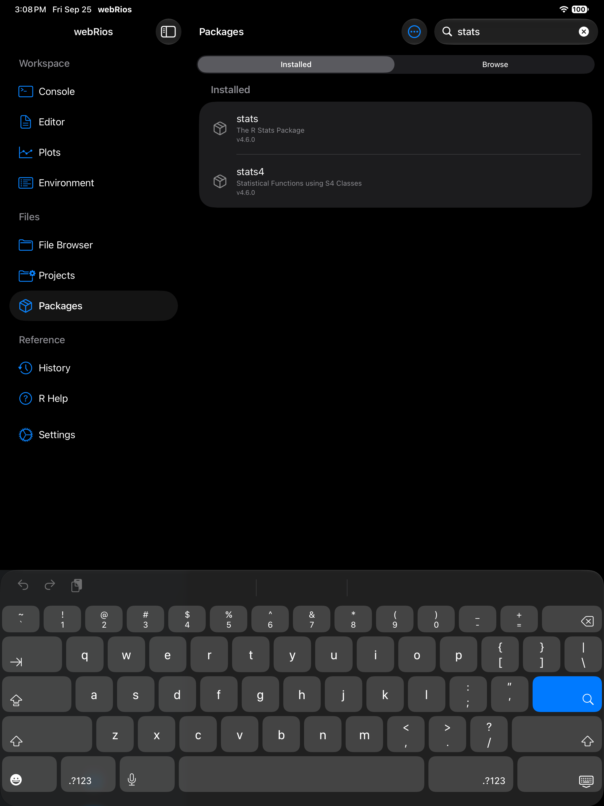 Packages tab search filtering the installed list on iPad in dark mode