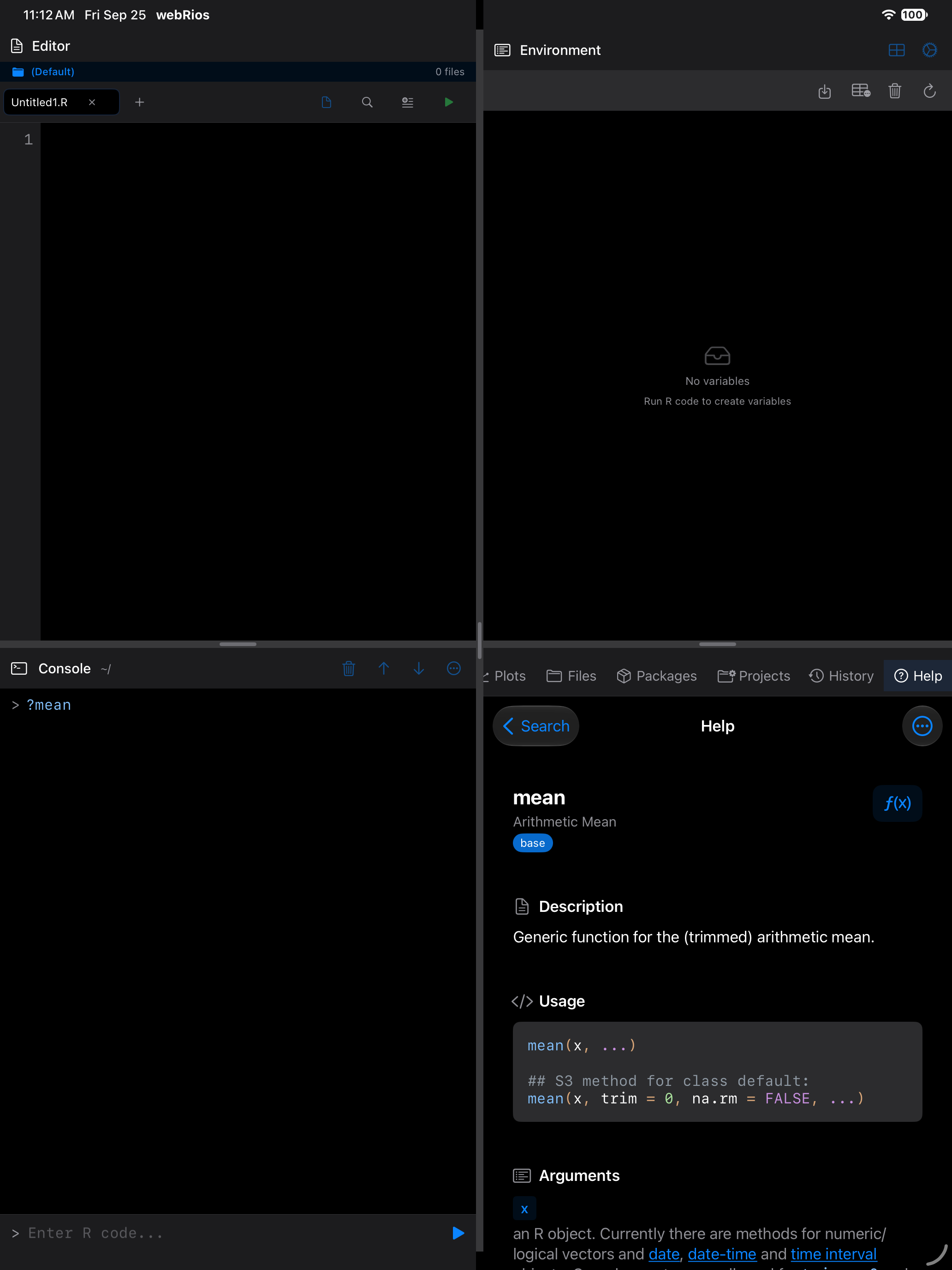 Help page for the mean function opened from the Console on iPad in dark mode