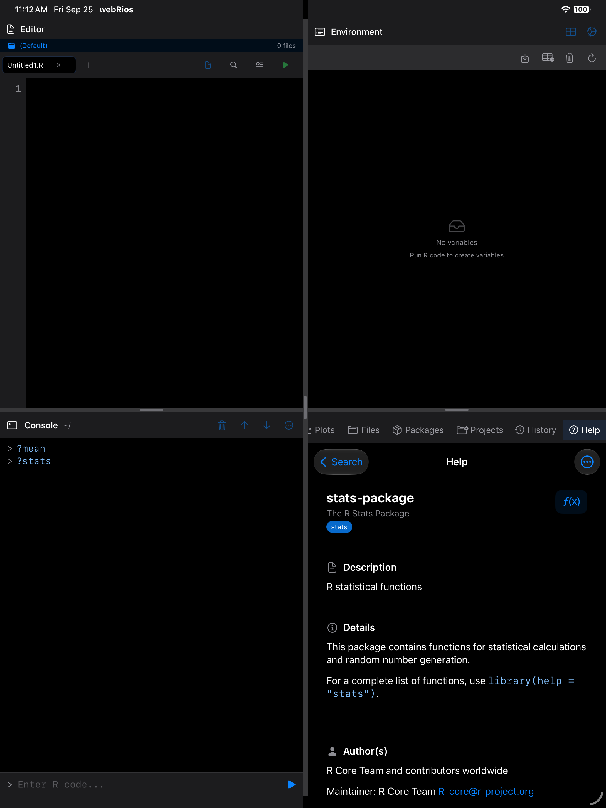 Package index page listing a package's functions on iPad in dark mode