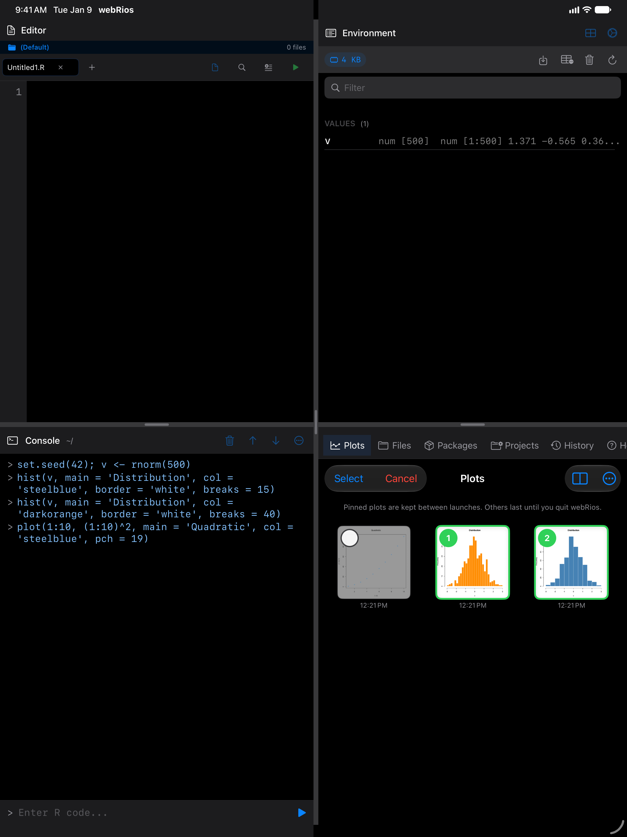 Two plots selected for comparison with numbered badges on iPad in dark mode