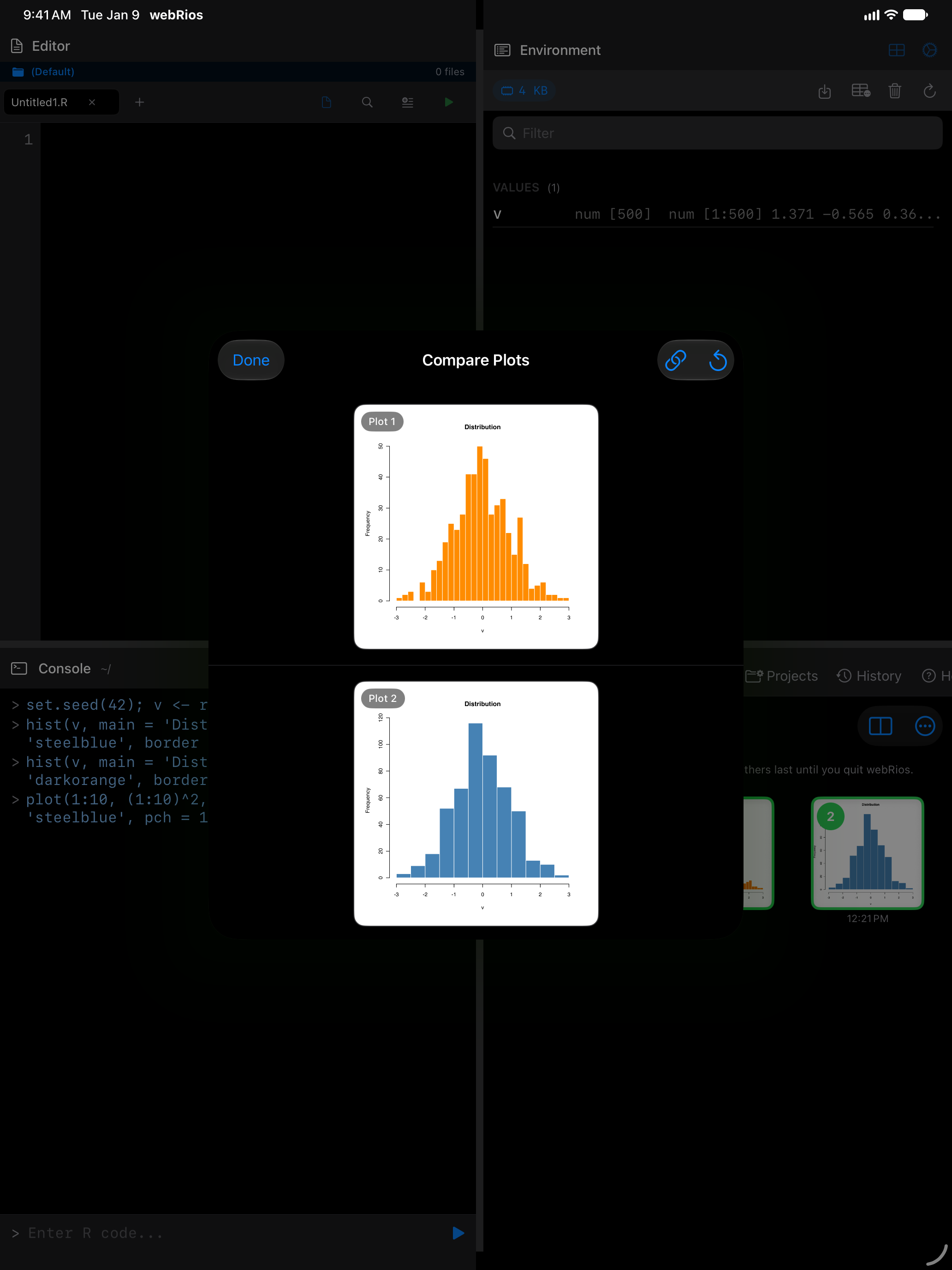Comparison view showing both plots stacked in a sheet on iPad in dark mode