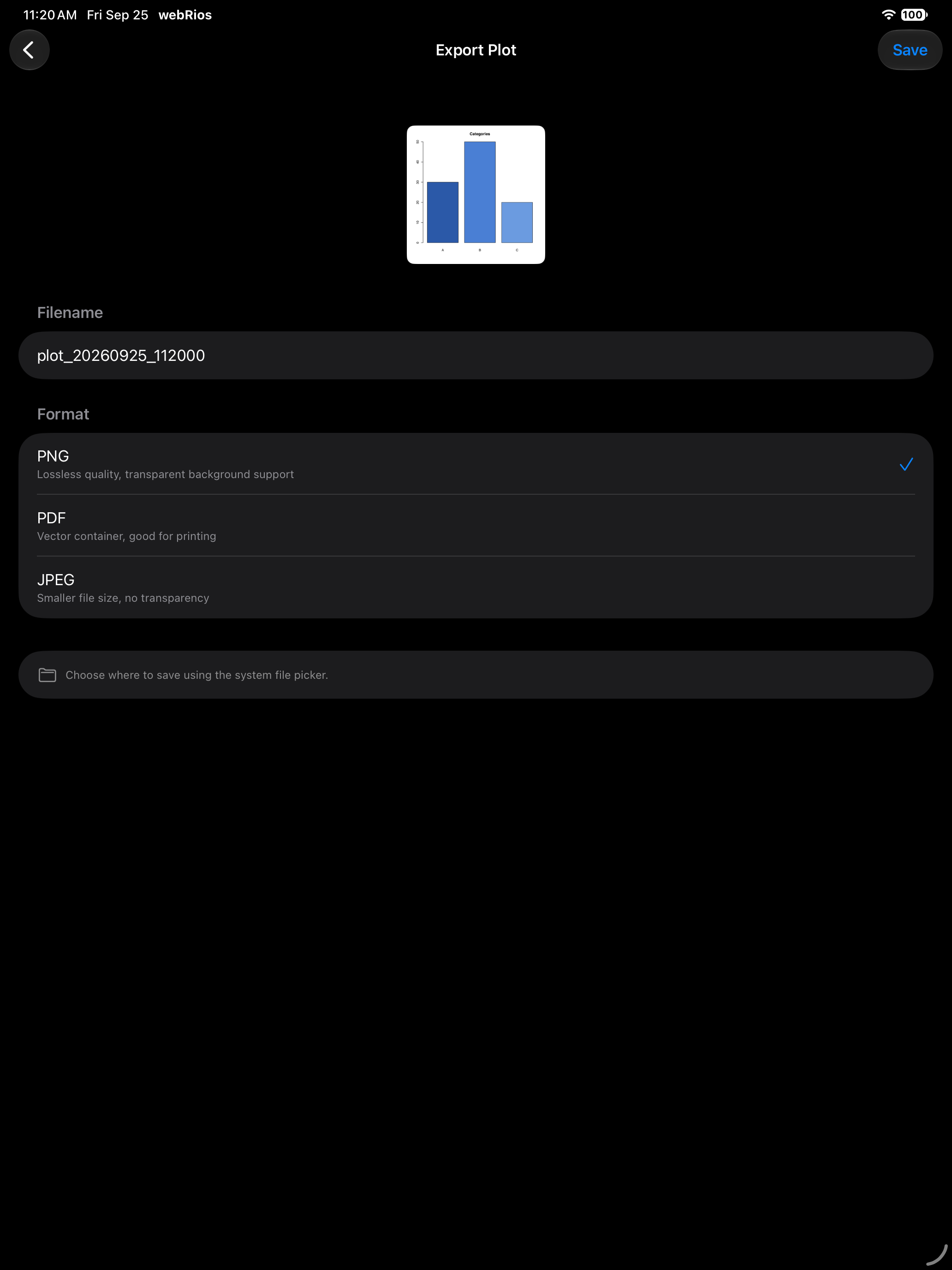 Export page with filename field and format options on iPad in dark mode