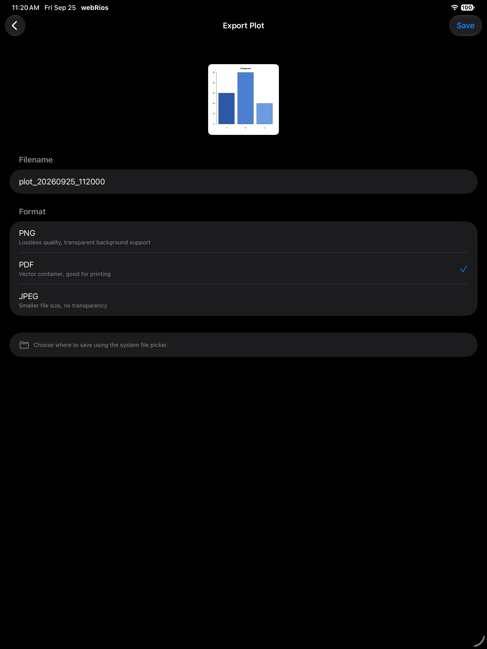 Export page with PDF selected as the format on iPad in dark mode