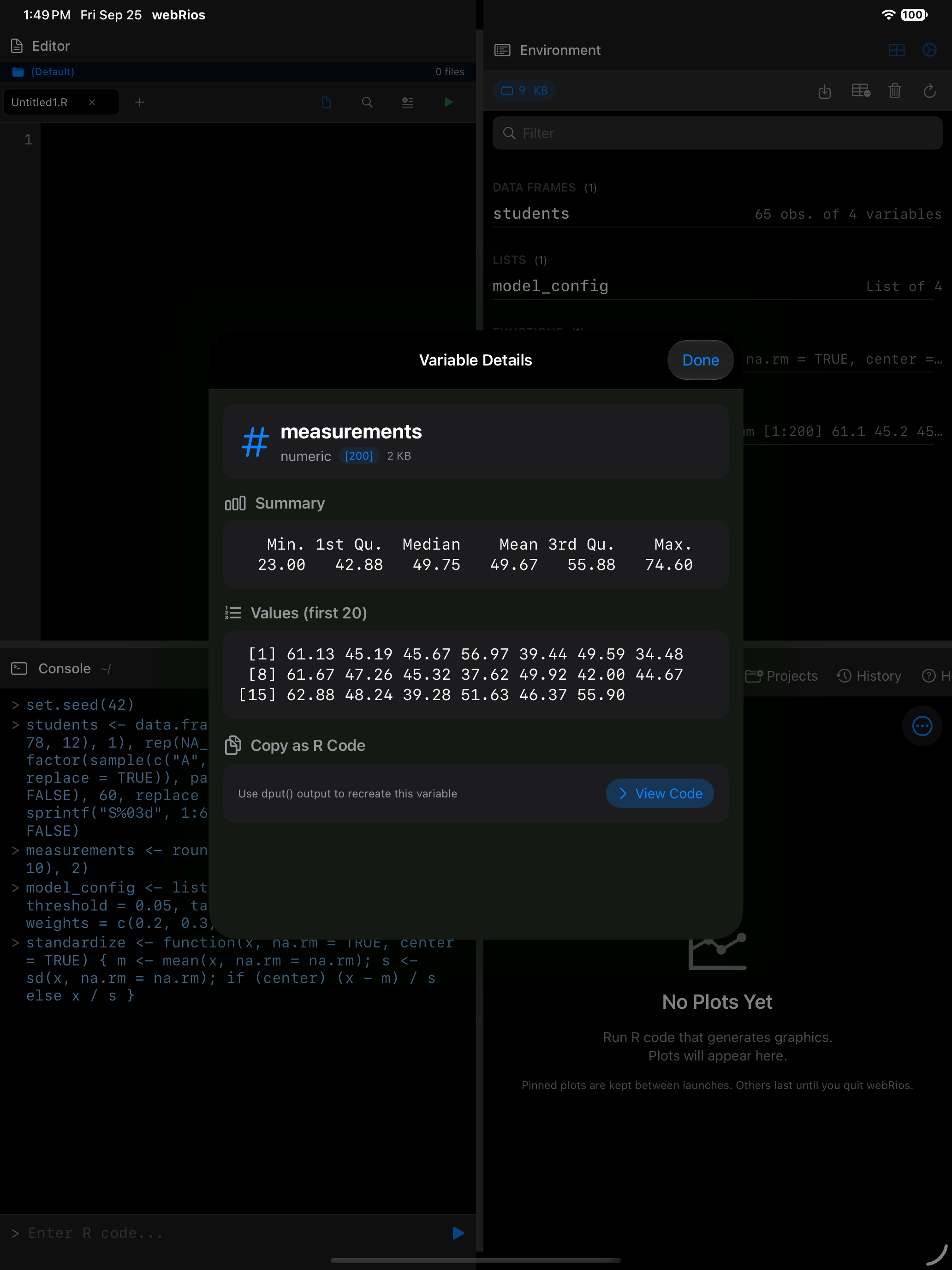 Variable details for a numeric vector showing summary and first elements on iPad in dark mode