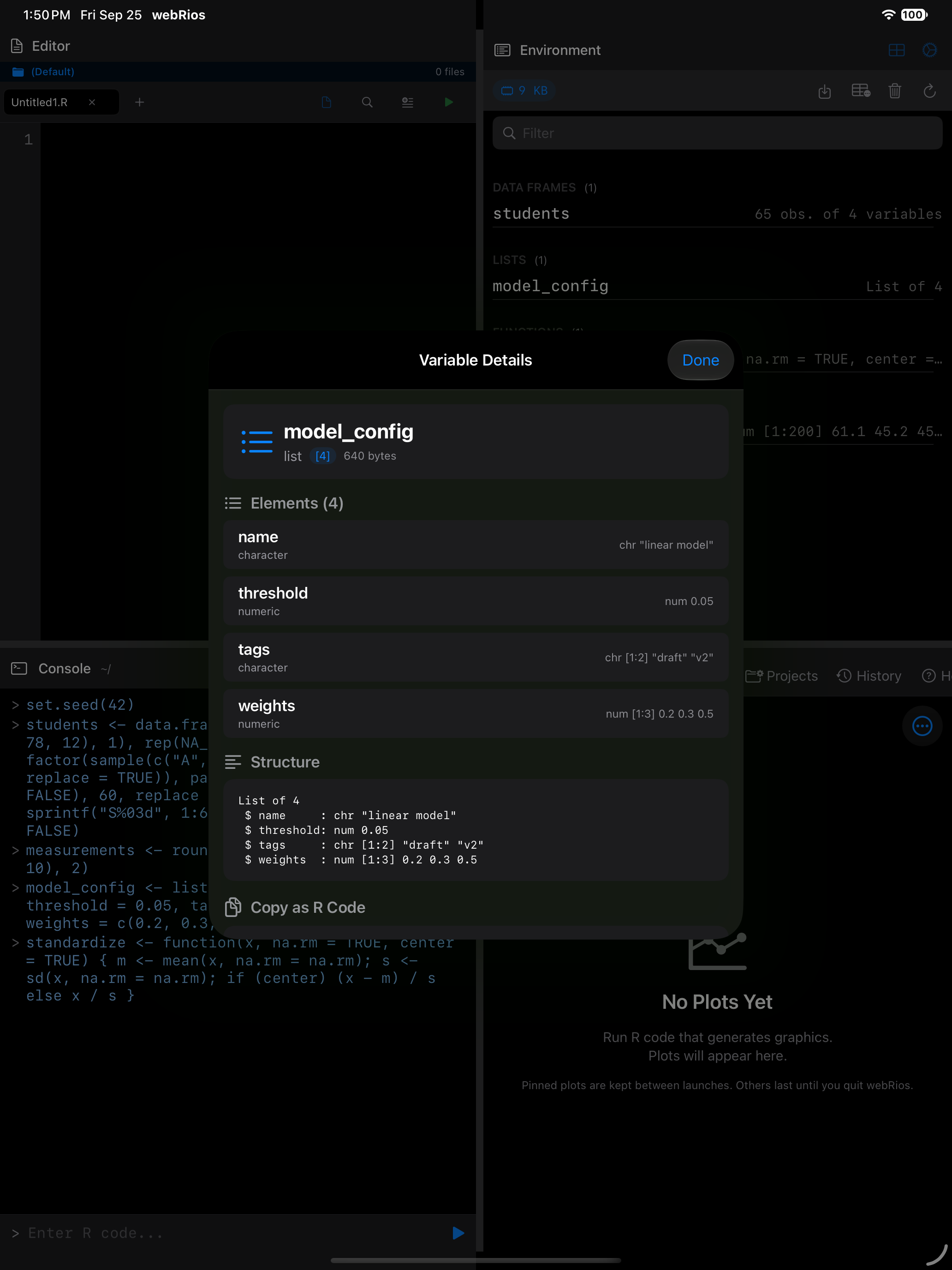 Variable details for a list showing its structure and elements on iPad in dark mode