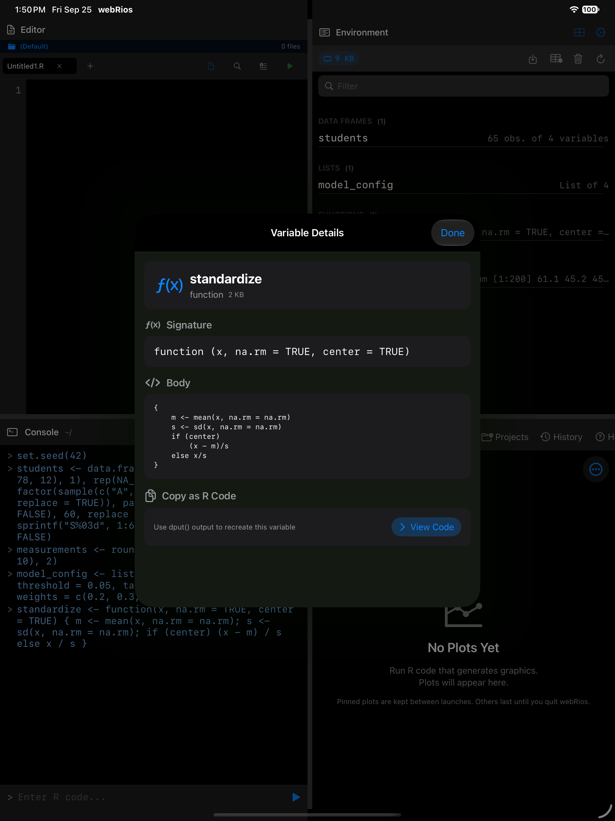 Variable details for a function showing its signature and body on iPad in dark mode