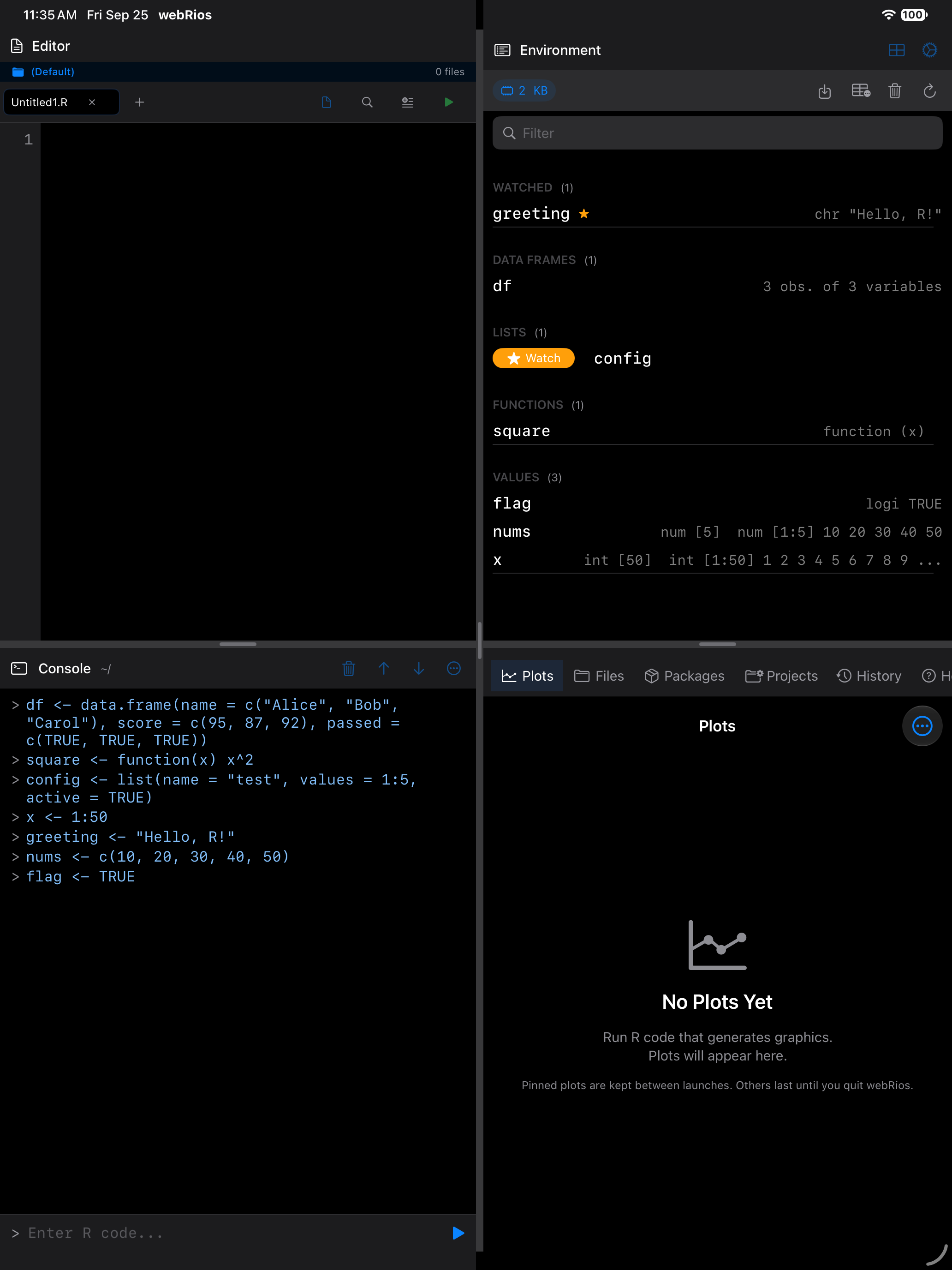 Variable row swiped right revealing the Watch button on iPad in dark mode