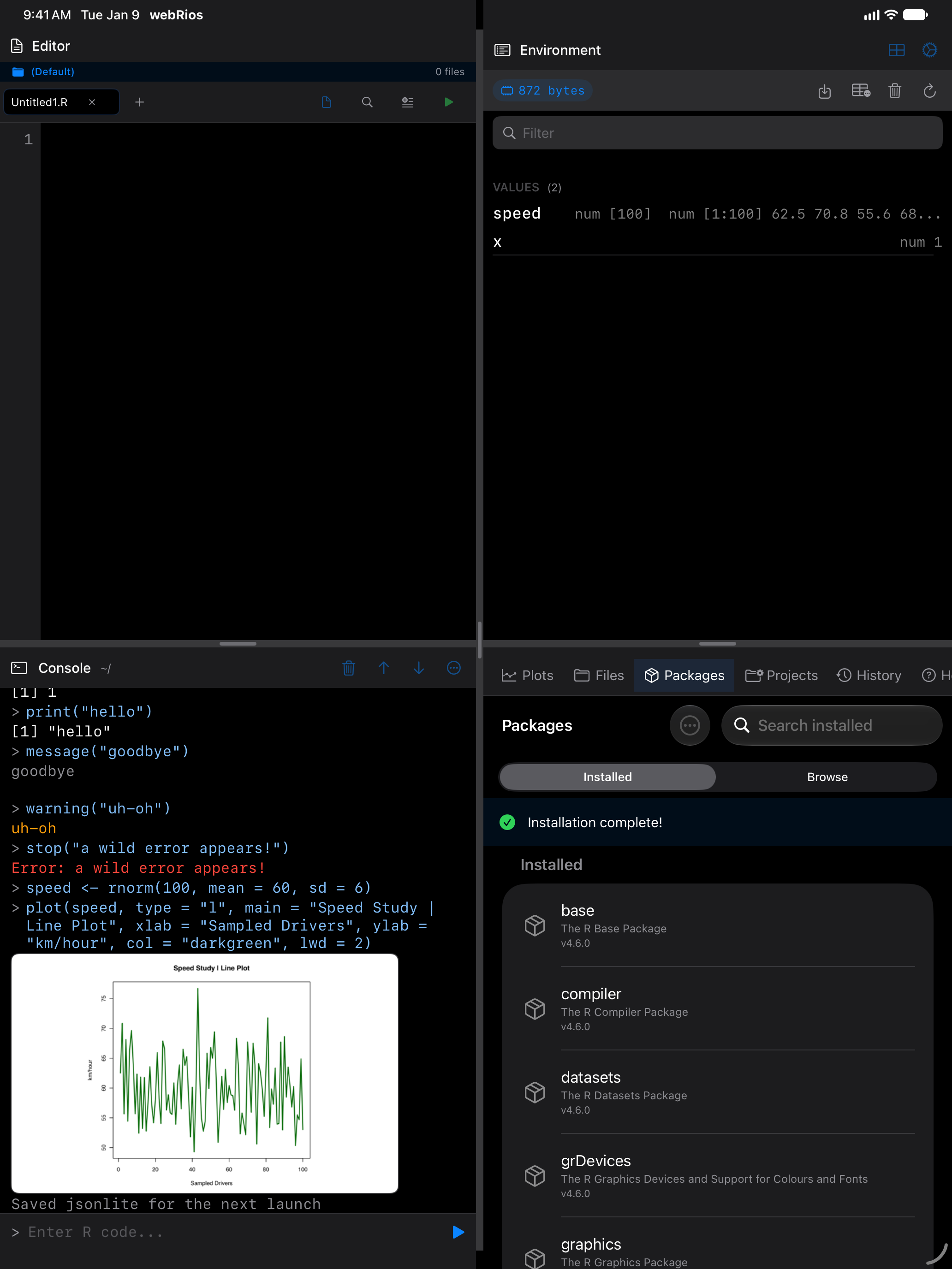 Packages pane on iPad with the banner reading Installation complete! beside a green checkmark, and Saved jsonlite for the next launch in the Console in dark mode