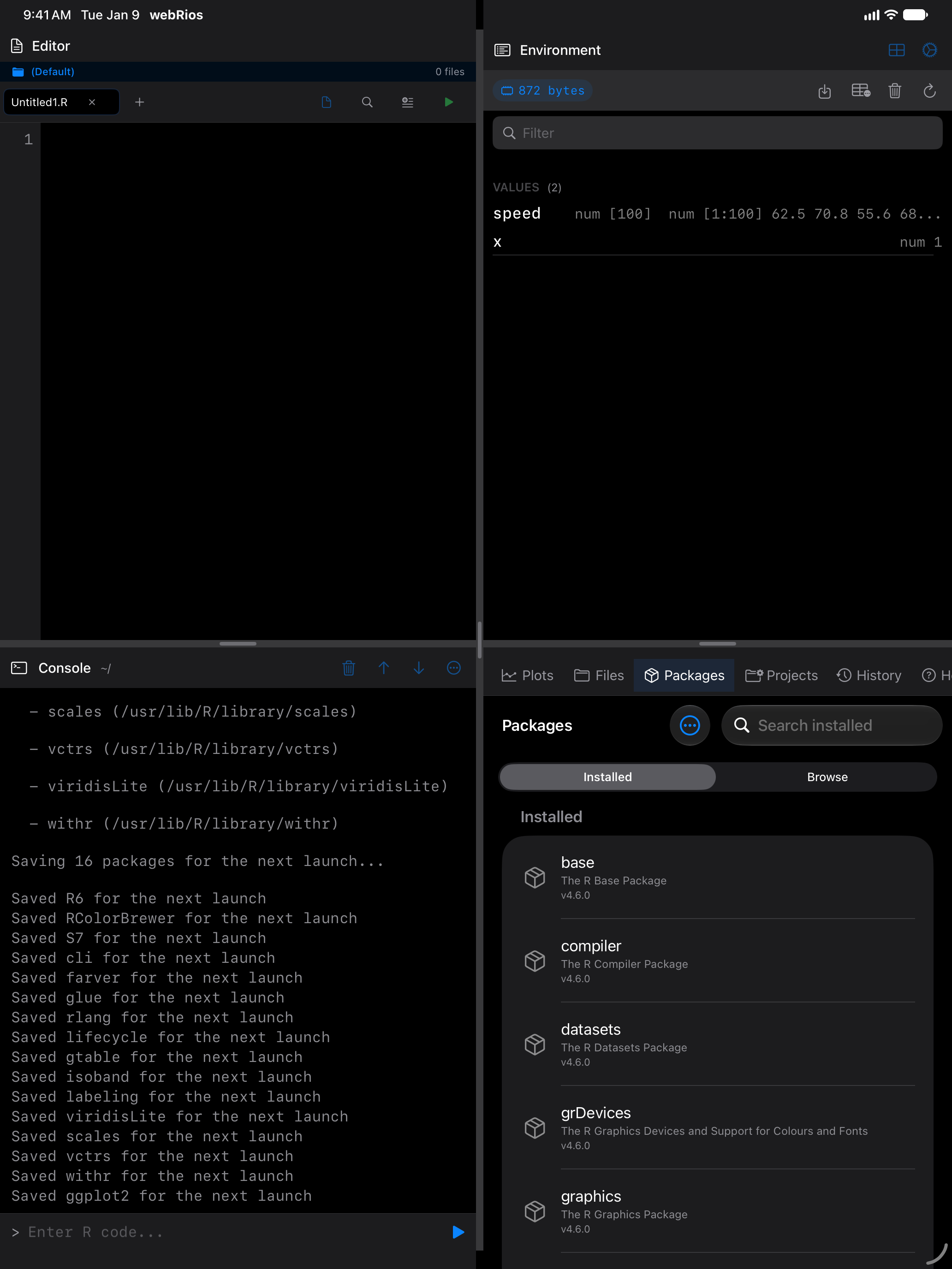 Console on iPad at the end of the install: Saving 16 packages for the next launch, then a Saved line for each package, ending with Saved ggplot2 for the next launch, in dark mode