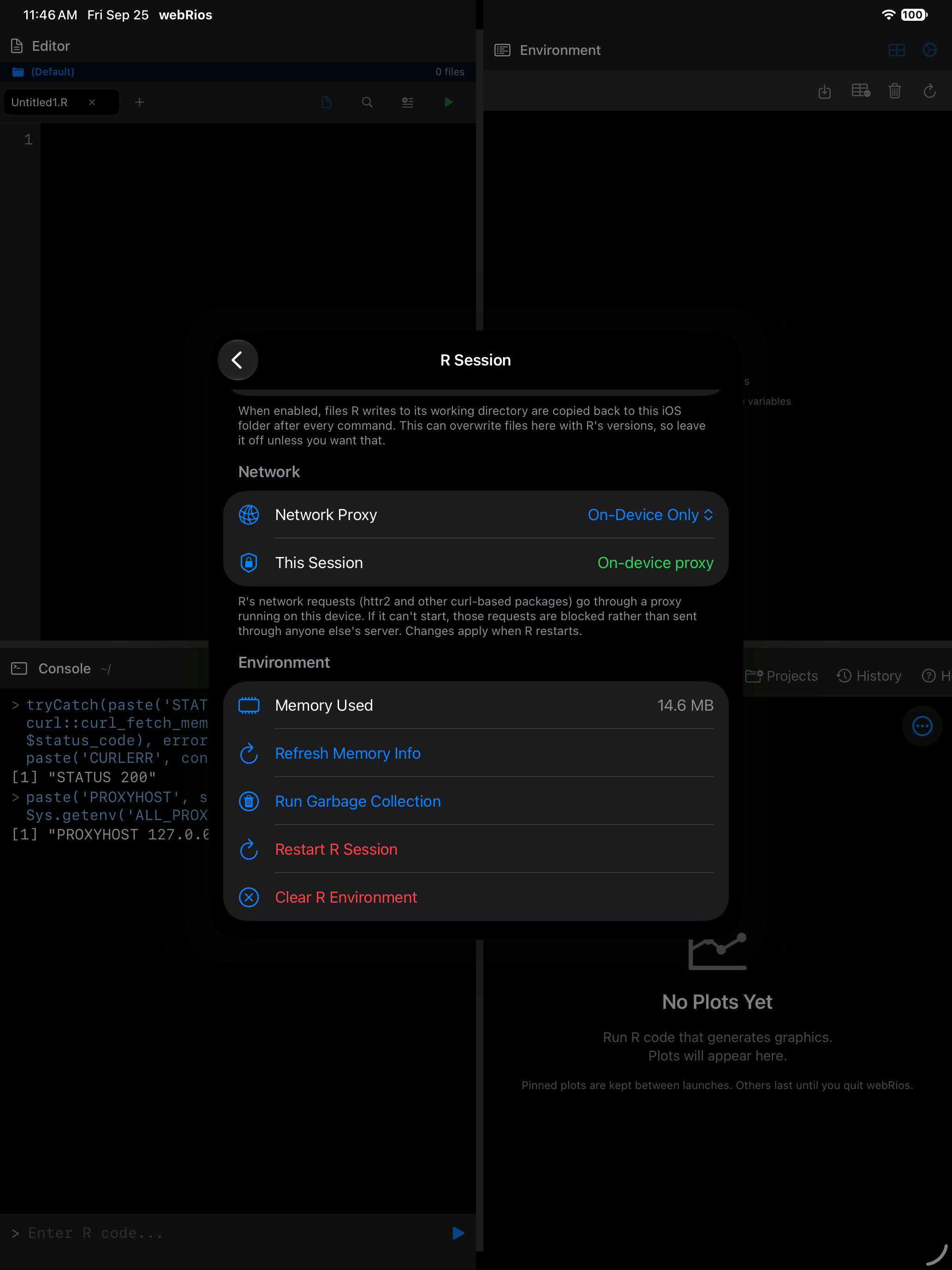 R Session settings on iPad with the Network section showing Network Proxy set to On-Device Only, in dark mode