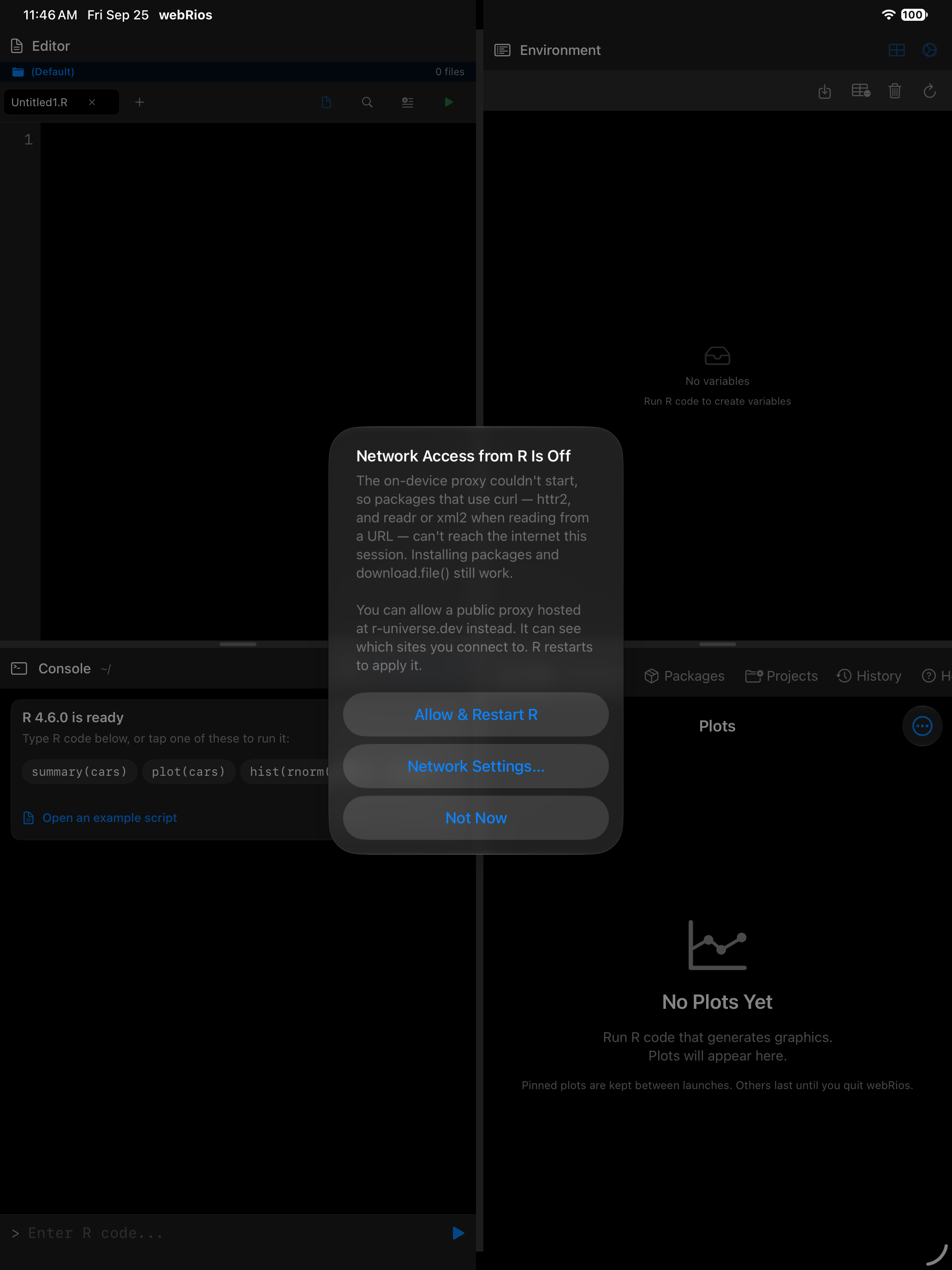 Alert on iPad titled Network Access from R Is Off over the four-pane workspace, in dark mode
