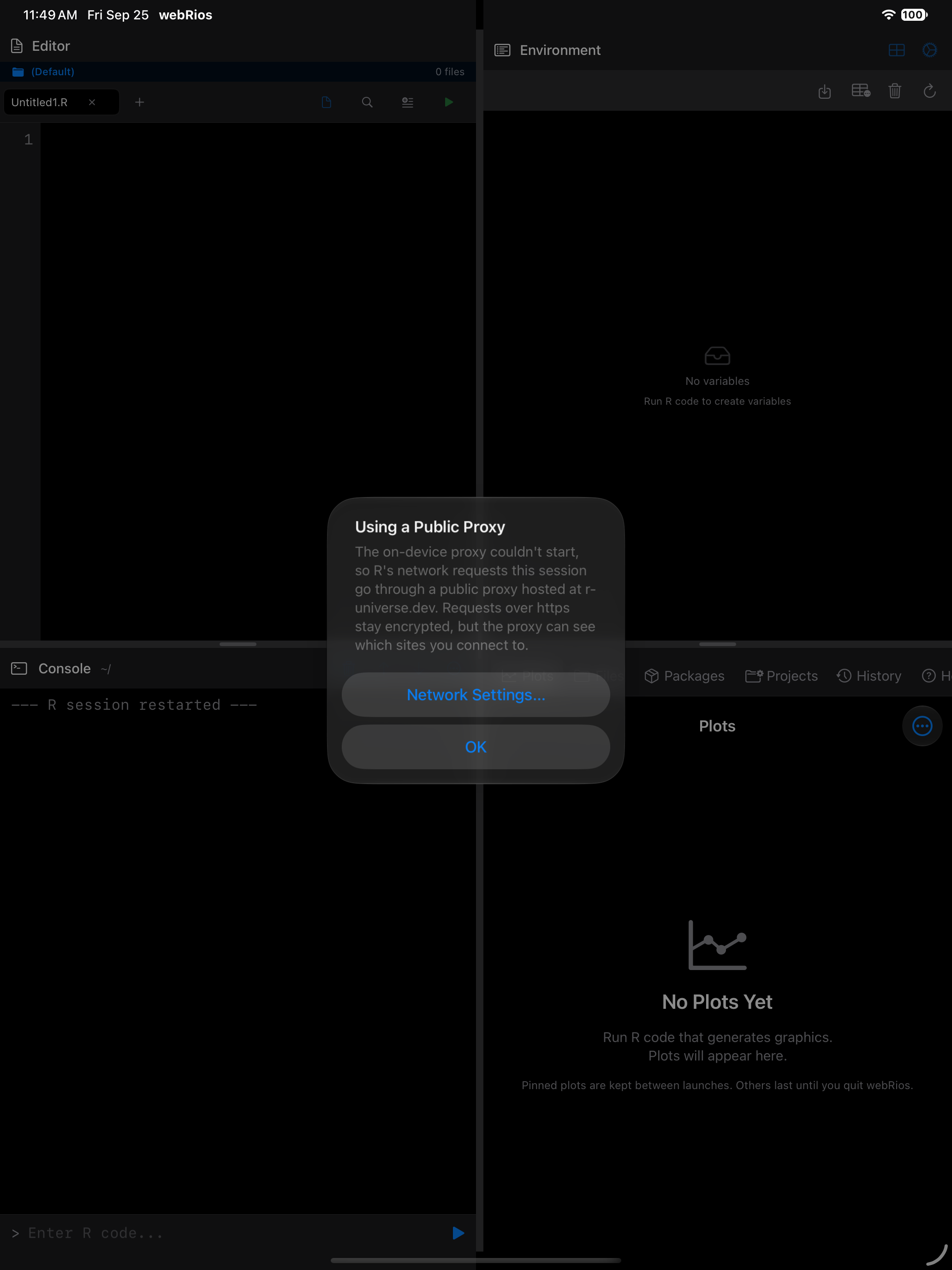 Alert on iPad titled Using a Public Proxy, in dark mode