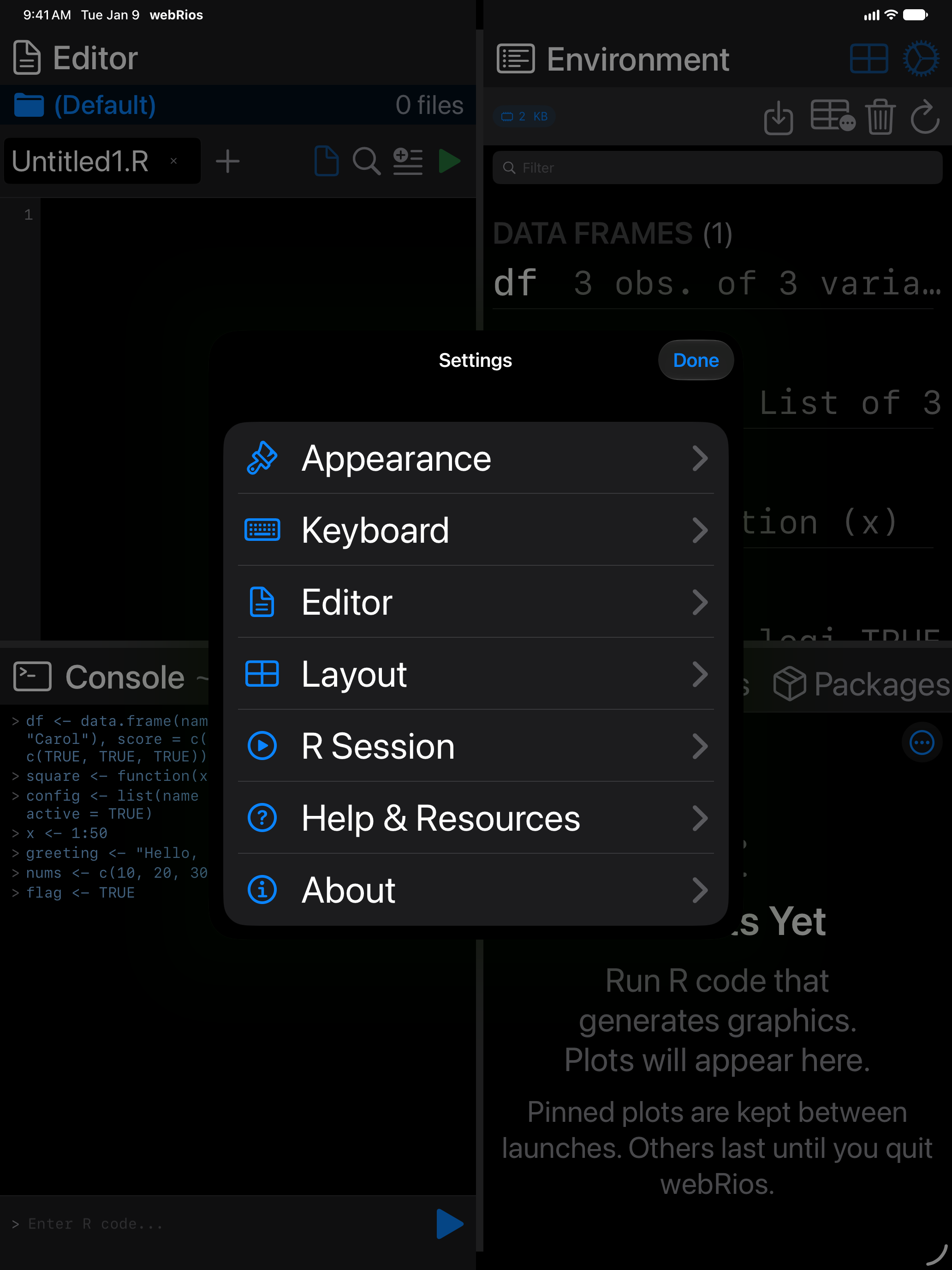 The same Settings sheet on iPad at an accessibility text size, with larger row titles and icons, in dark mode