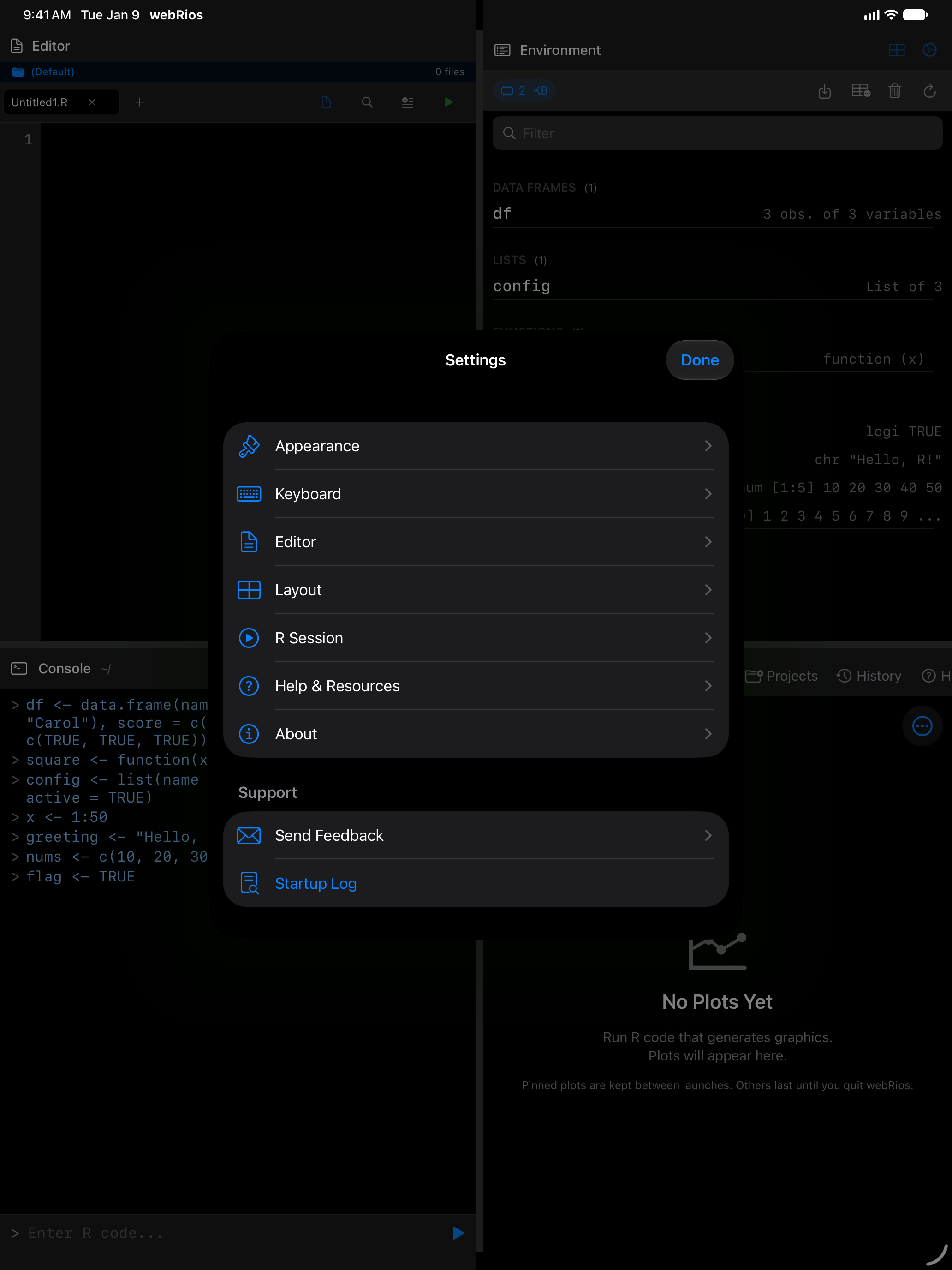 The Settings sheet over the four-pane workspace on iPad at the default text size, in dark mode
