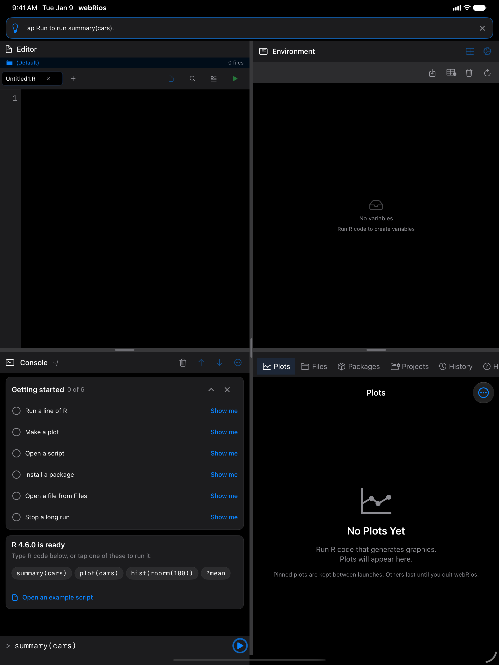 Show me for Run a line of R on iPad: summary(cars) in the input field, the Run button ringed, and a tip at the top, in dark mode
