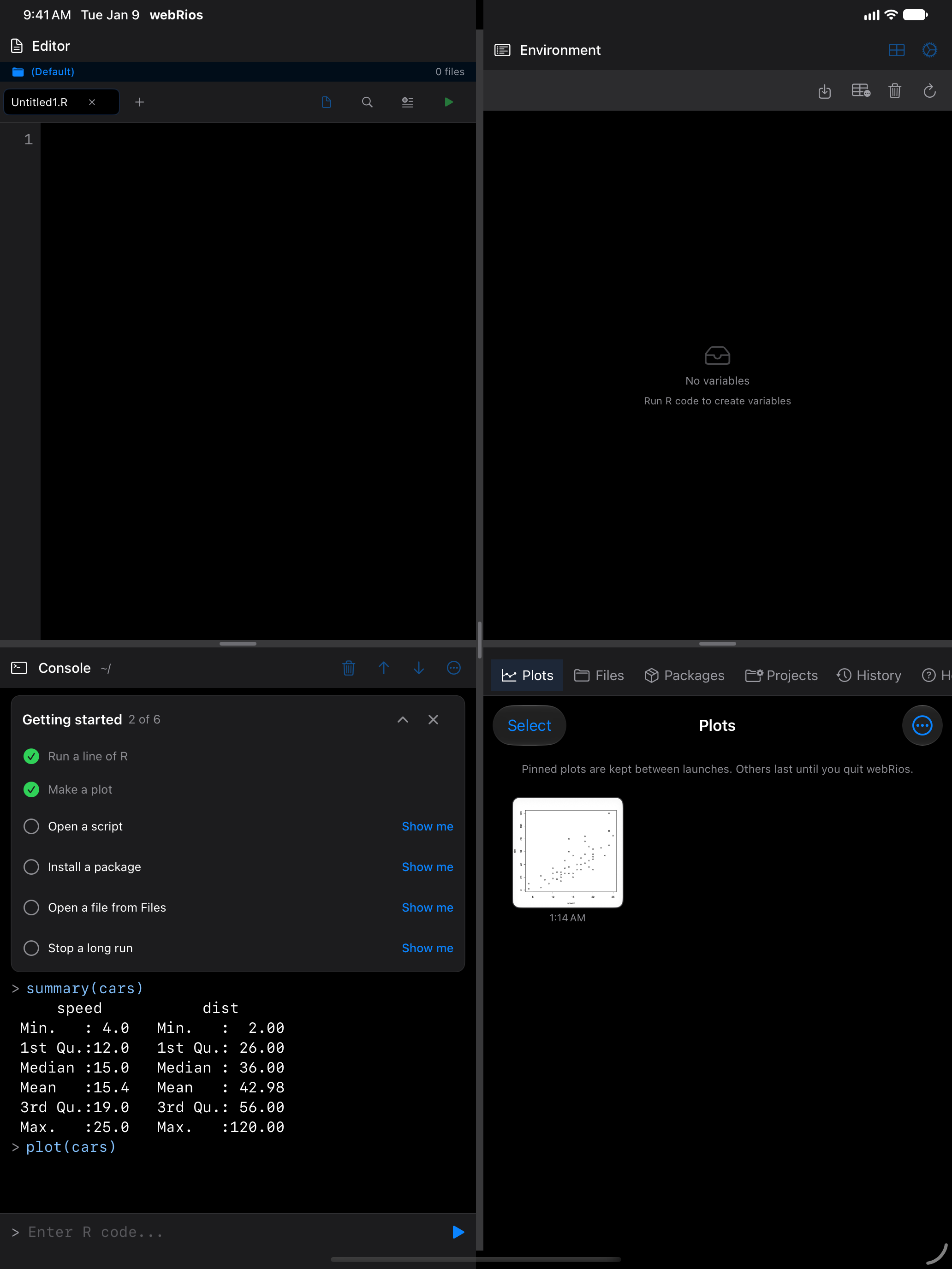 The checklist on iPad after running summary(cars) and plot(cars), with its first two steps ticked, in dark mode