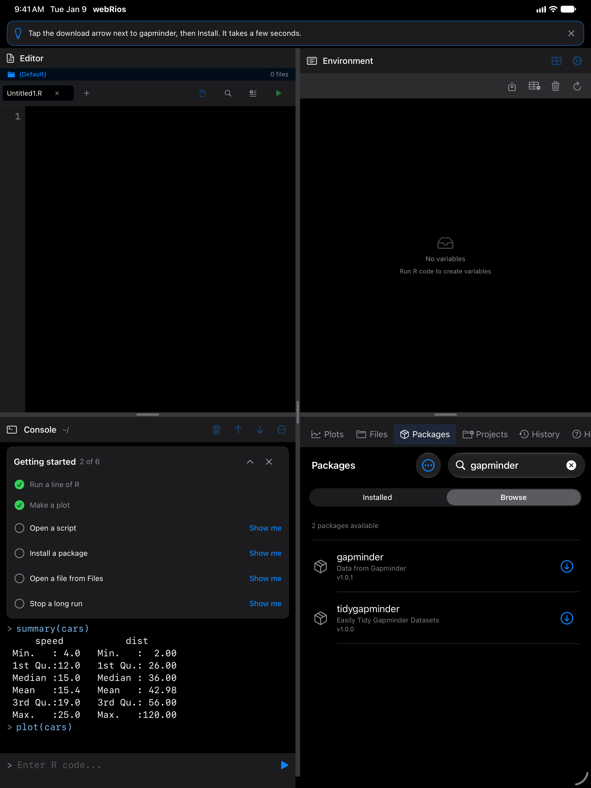 Show me for Install a package on iPad: Packages on Browse with gapminder in the search field, and a tip to tap its download arrow and then Install, in dark mode