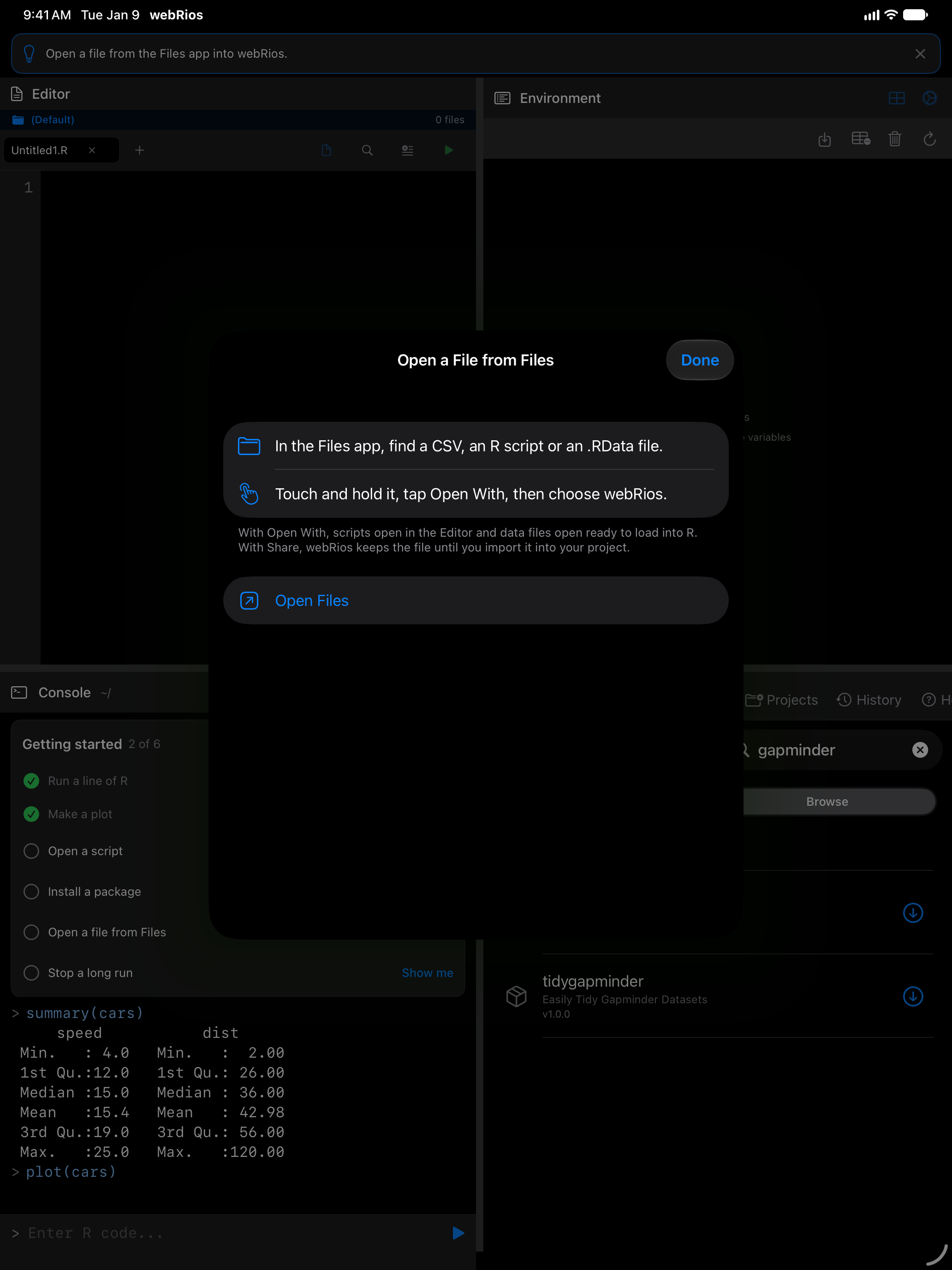 Show me for Open a file from Files on iPad: a sheet saying to touch and hold a file in the Files app, tap Open With and choose webRios, with an Open Files button, in dark mode