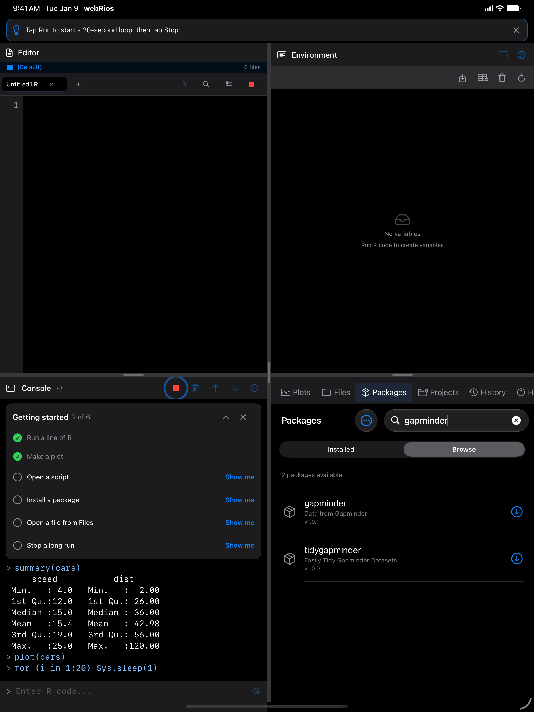 Show me for Stop a long run on iPad: a 20-second loop running, with the Stop button ringed, in dark mode