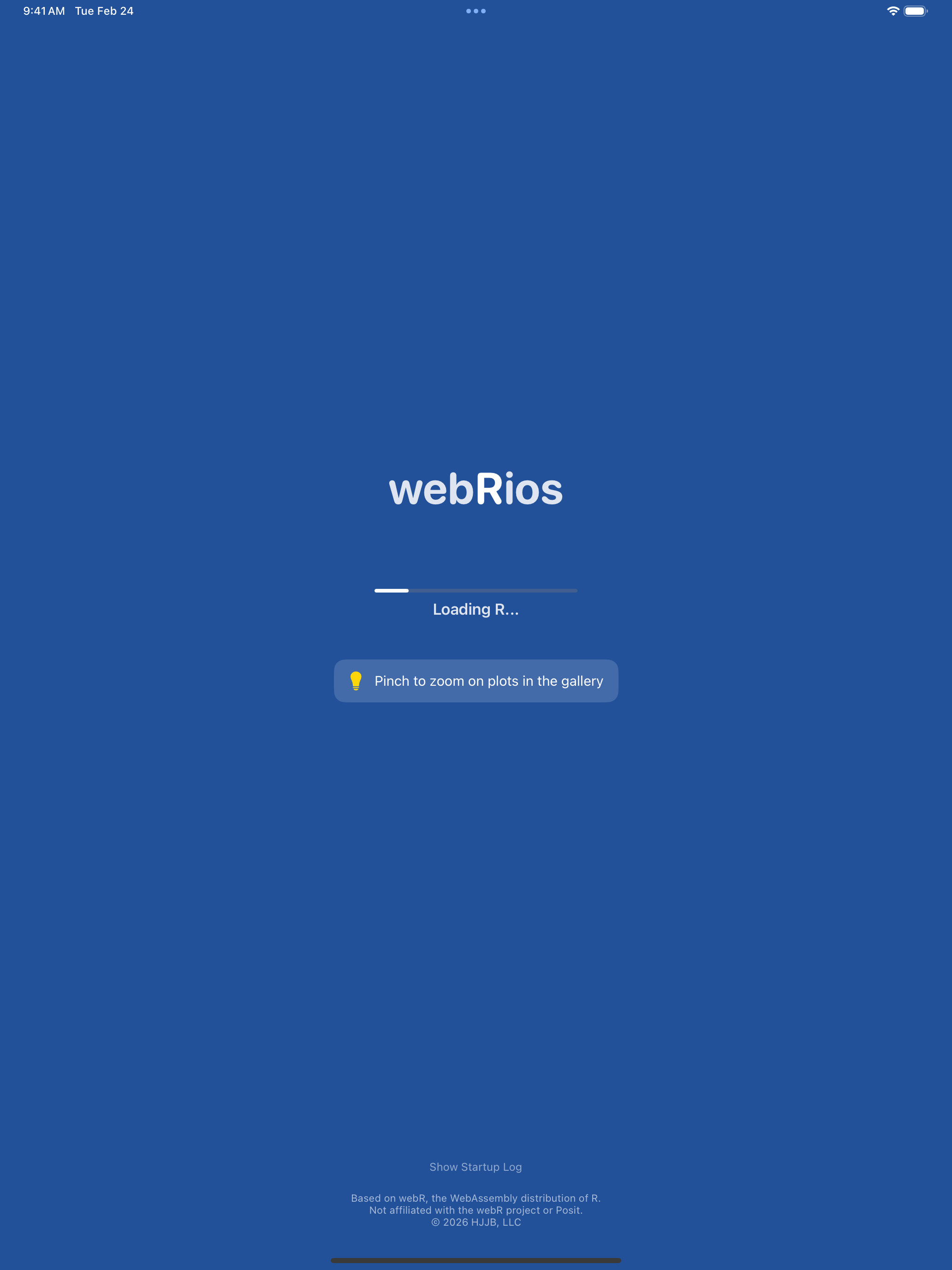 webRios loading screen with progress bar on iPad in dark mode