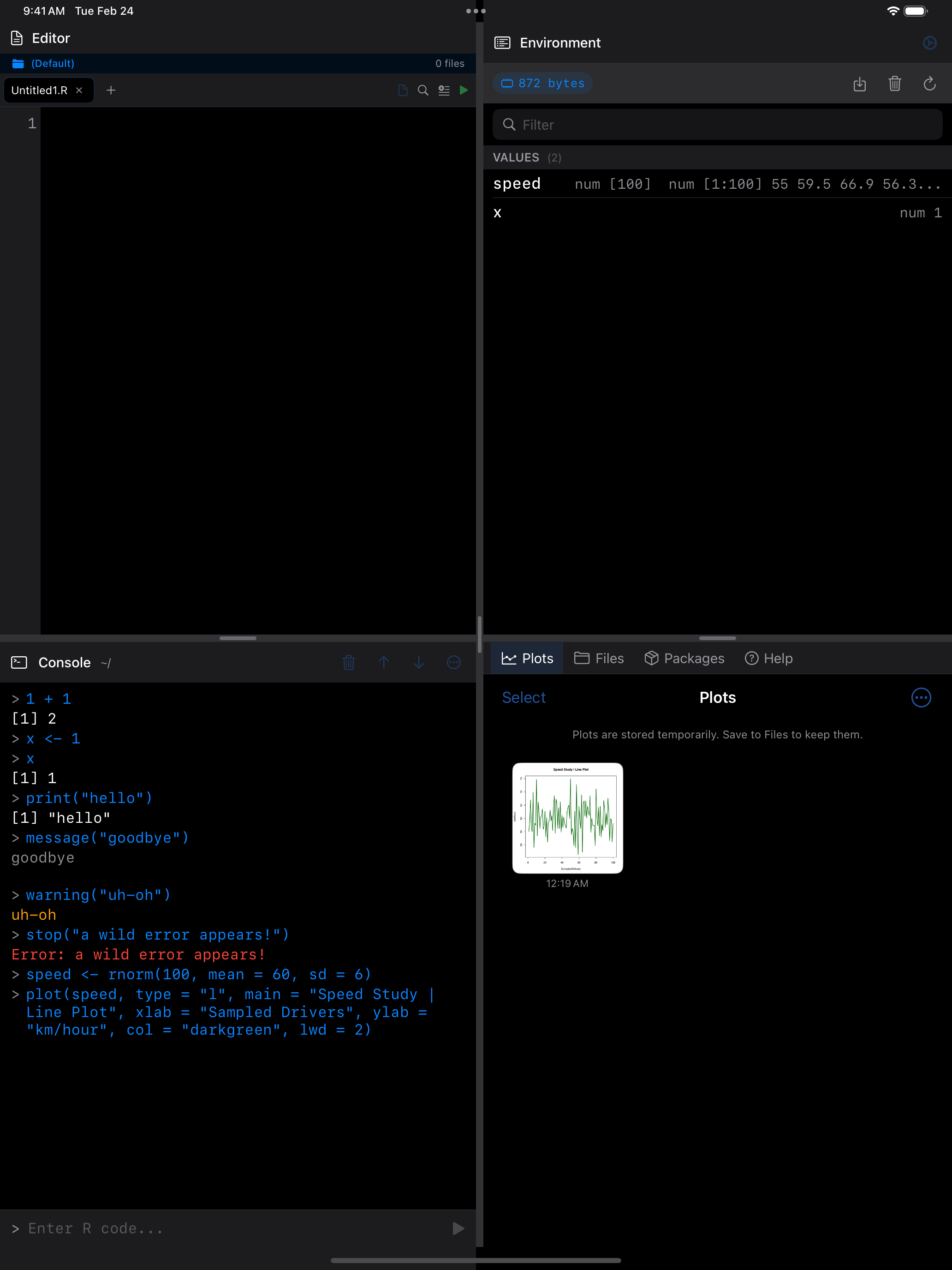 Plot command on iPad with plot visible in workspace in dark mode